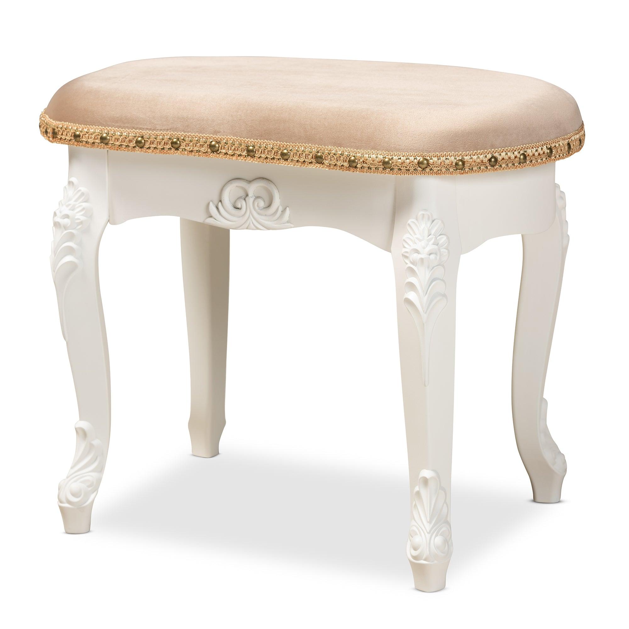 Gabrielle Traditional French Country Provincial Sand Velvet Fabric Upholstered -Finished Wood Vanity Ottoman