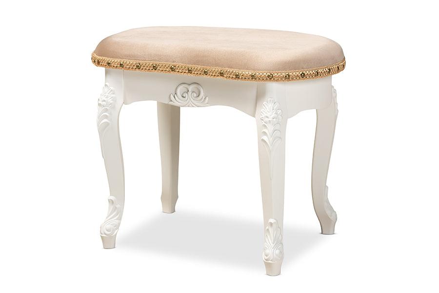 Gabrielle Traditional French Country Provincial Sand Velvet Fabric Upholstered -Finished Wood Vanity Ottoman