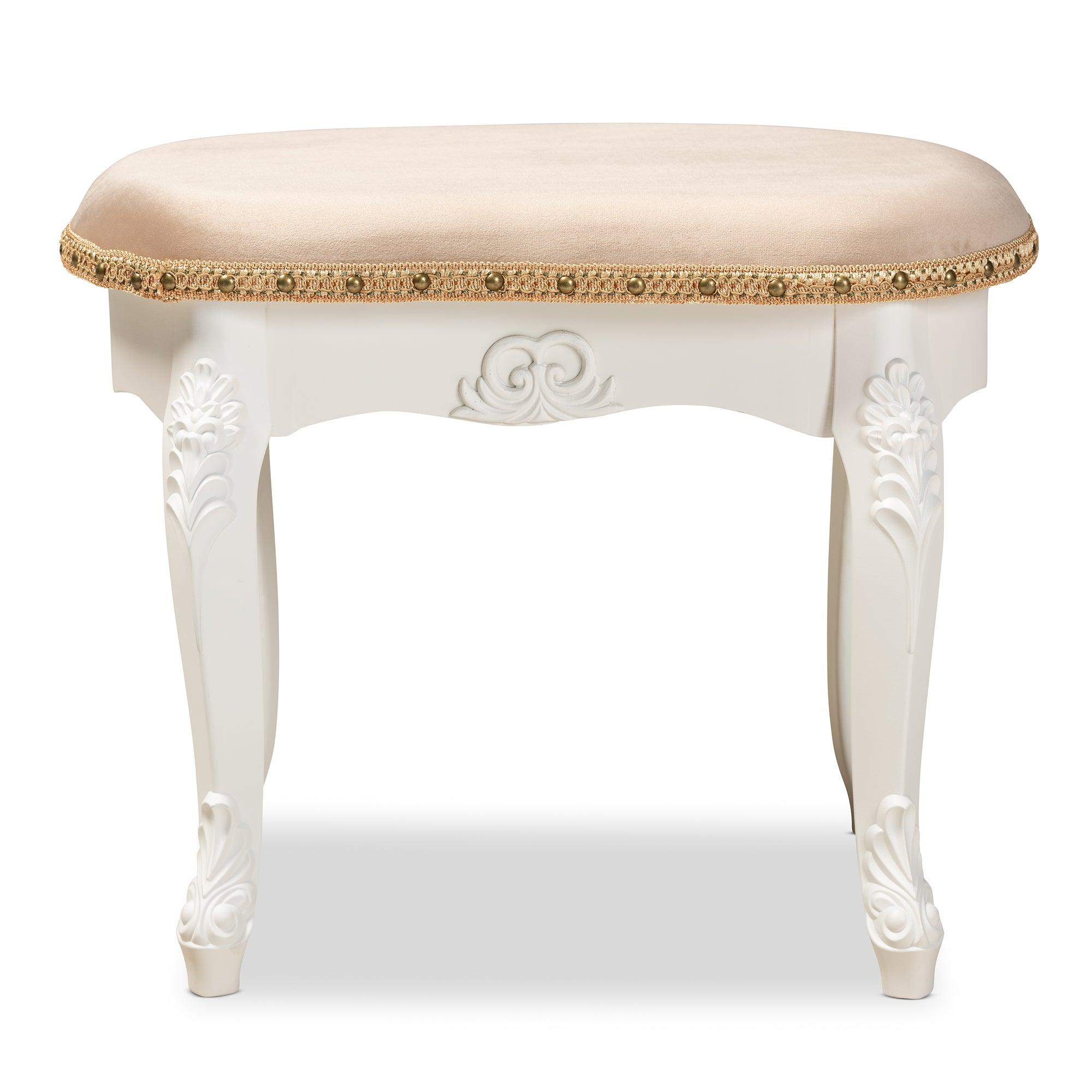 Gabrielle Traditional French Country Provincial Sand Velvet Fabric Upholstered -Finished Wood Vanity Ottoman