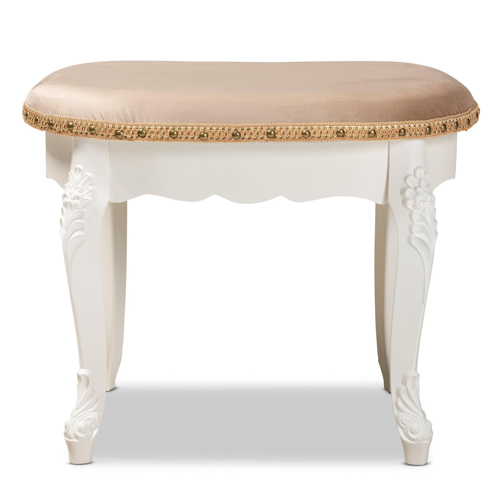 Gabrielle Traditional French Country Provincial Sand Velvet Fabric Upholstered -Finished Wood Vanity Ottoman