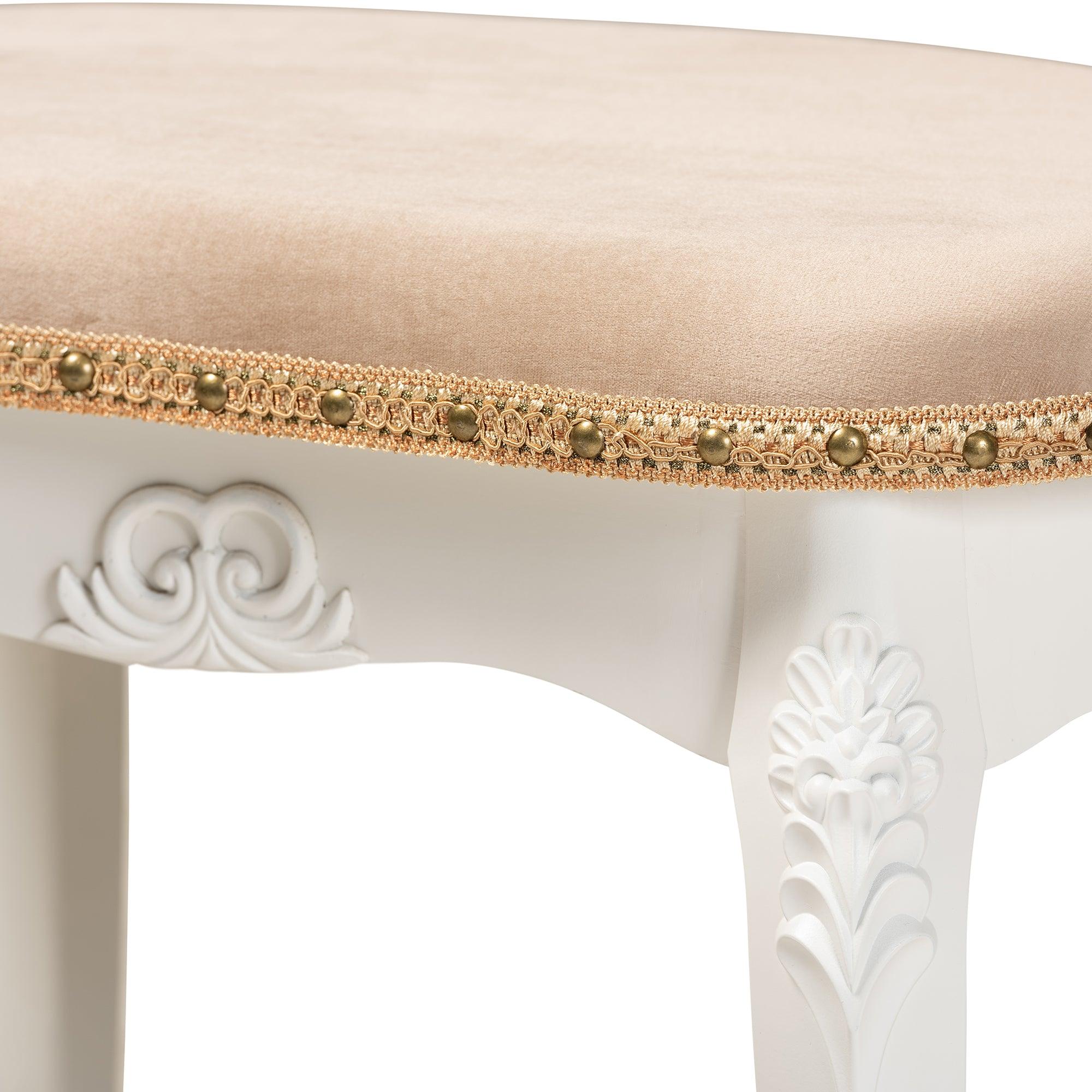 Gabrielle Traditional French Country Provincial Sand Velvet Fabric Upholstered -Finished Wood Vanity Ottoman