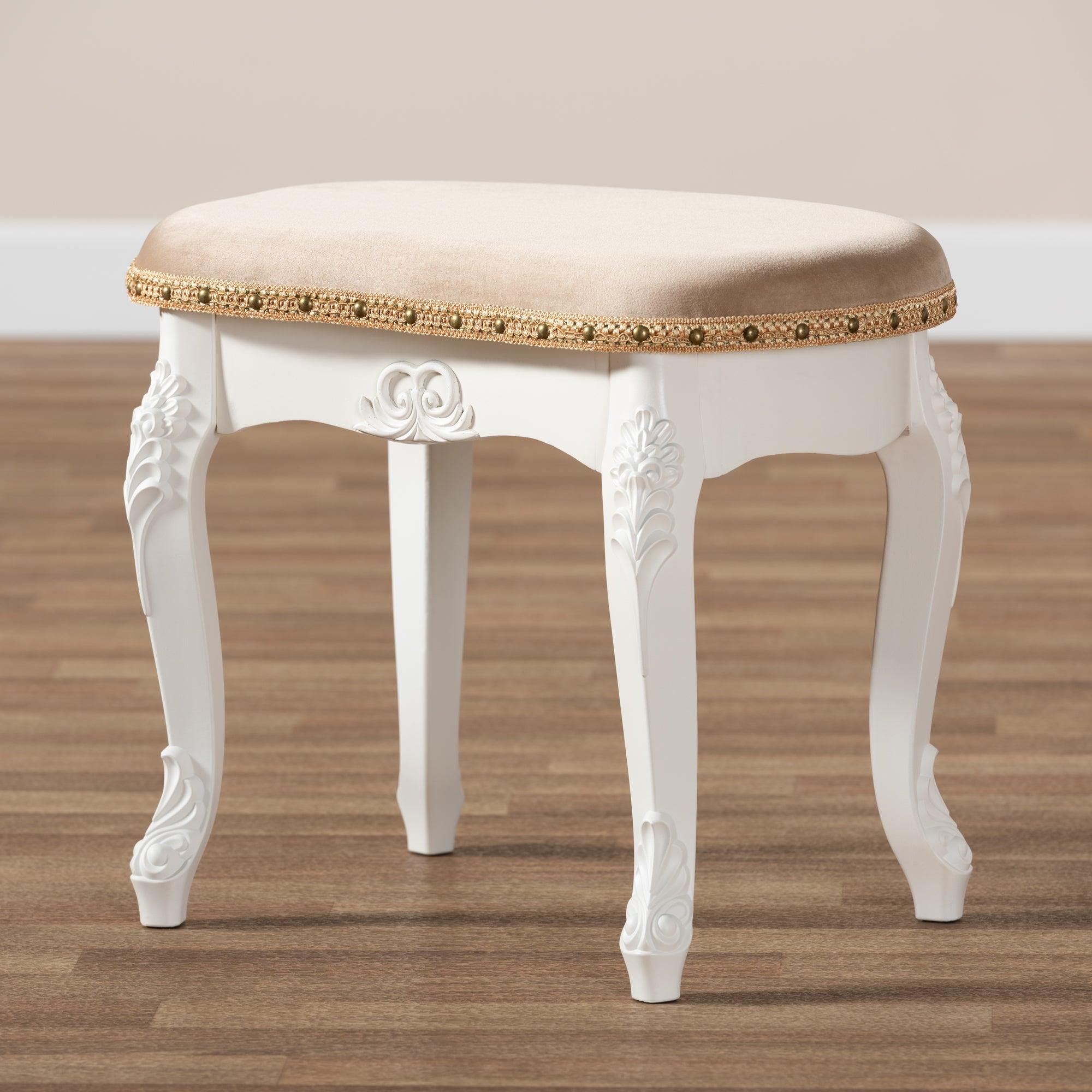 Gabrielle Traditional French Country Provincial Sand Velvet Fabric Upholstered -Finished Wood Vanity Ottoman