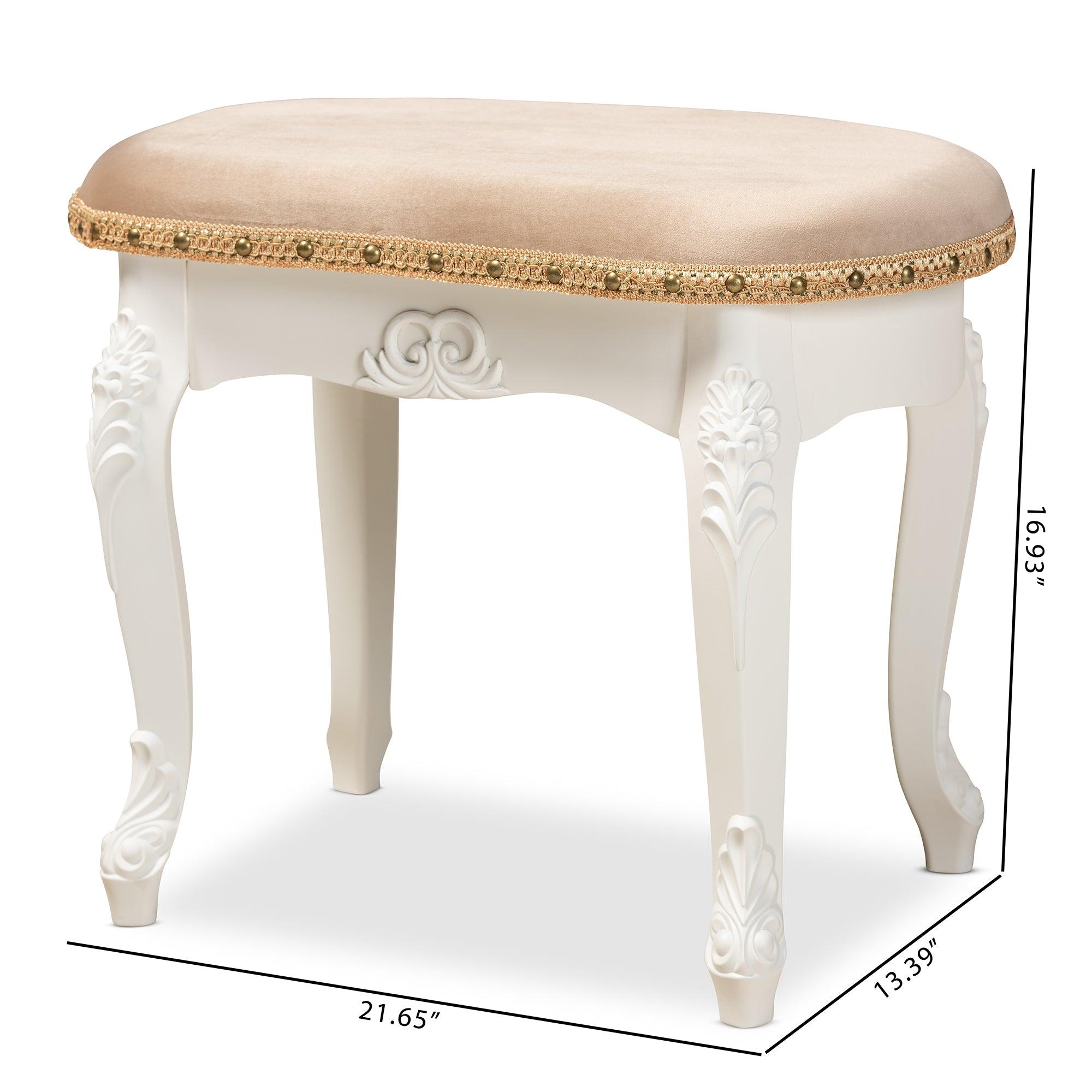 Gabrielle Traditional French Country Provincial Sand Velvet Fabric Upholstered -Finished Wood Vanity Ottoman