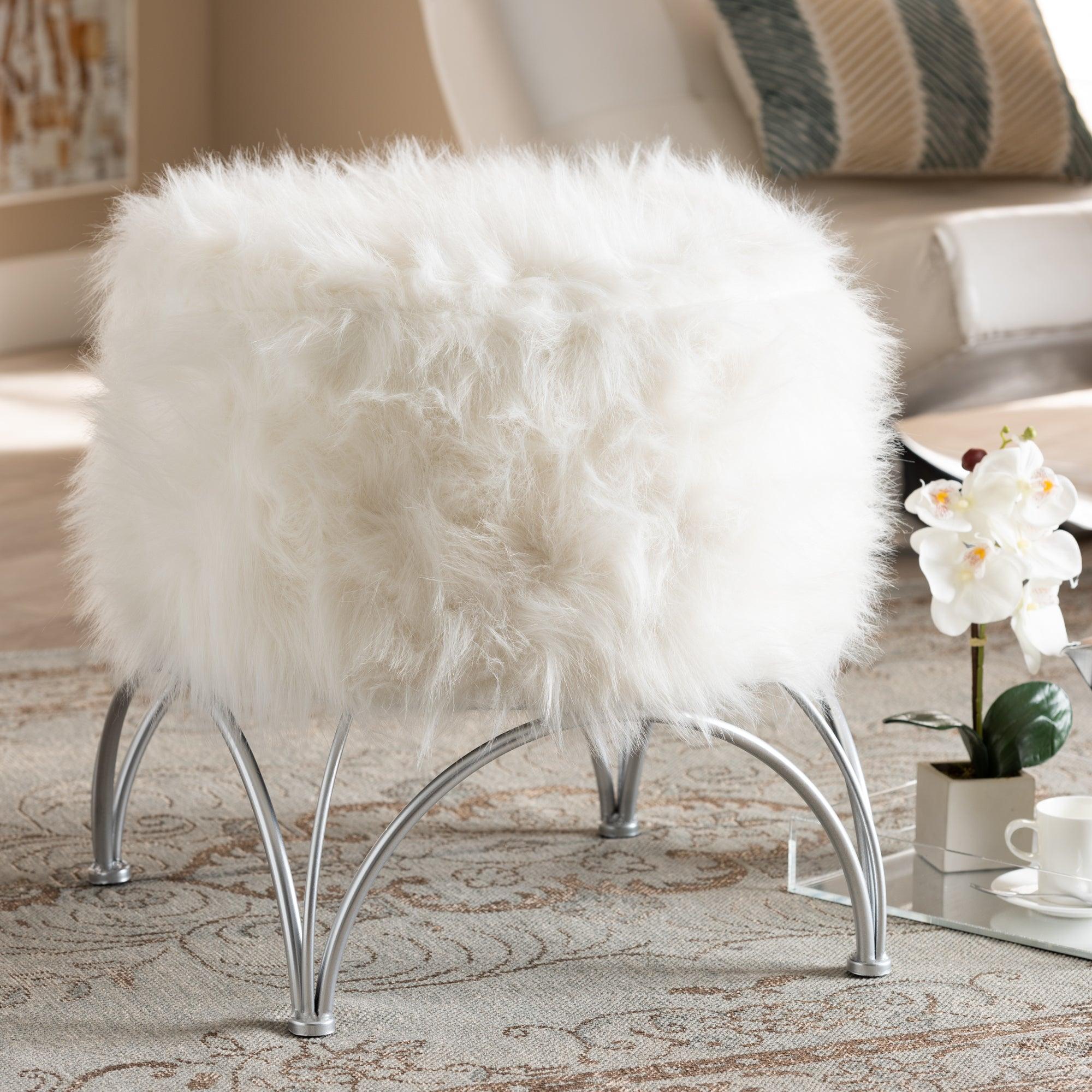 Celia Modern and Contemporary Faux Fur Upholstered Metal Ottoman