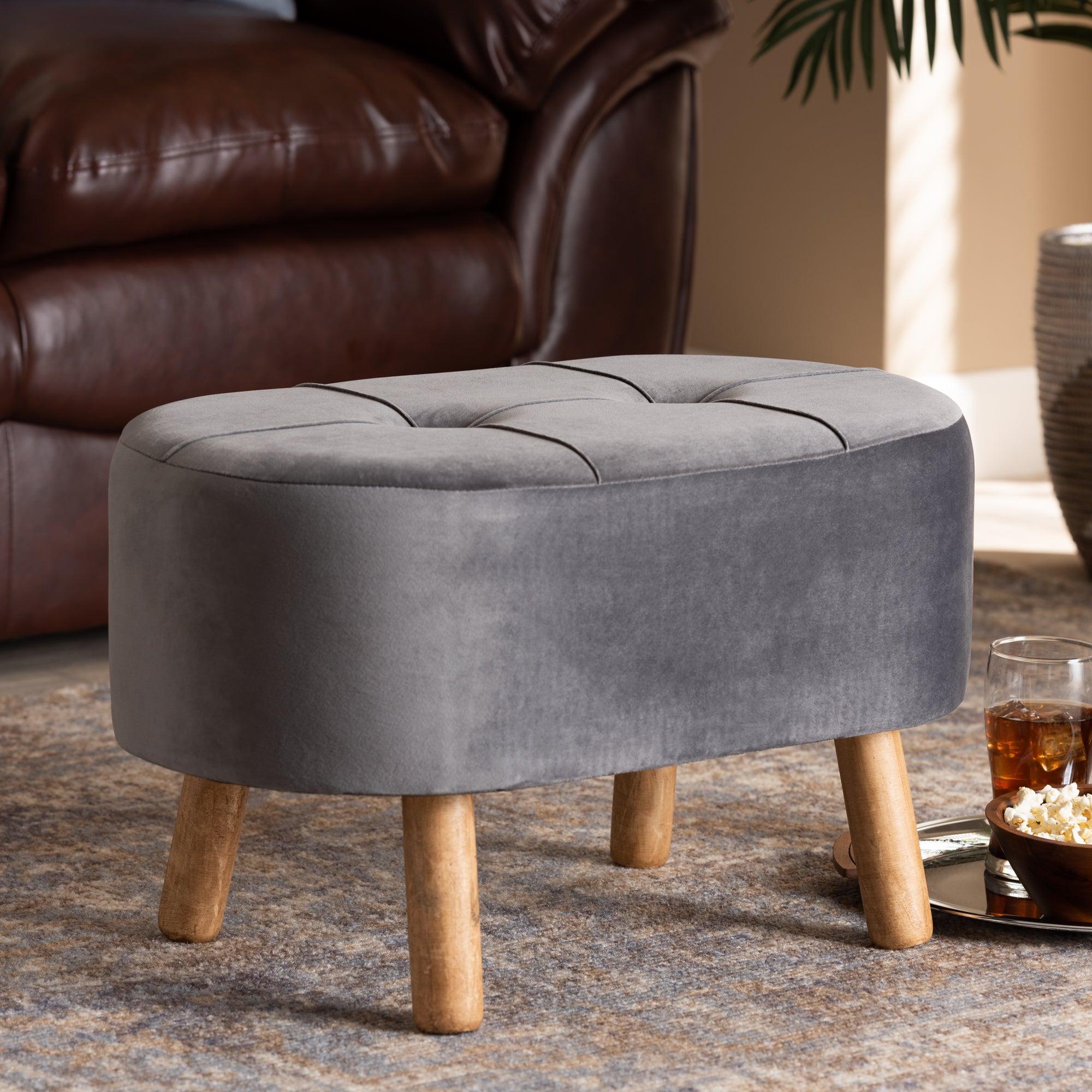 Simone Mid-Century Modern Velvet Fabric Upholstered Wood Ottoman