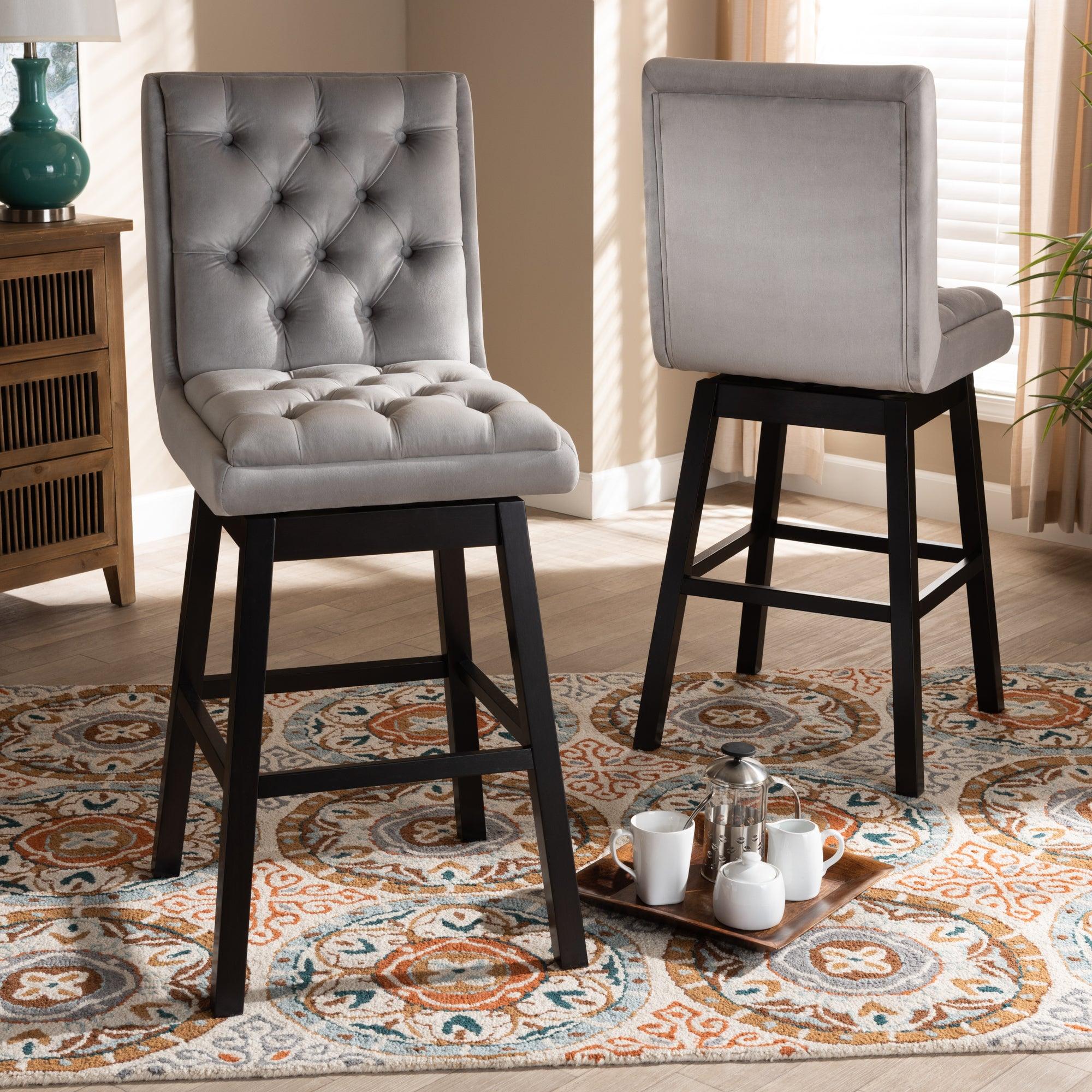 Gregory Modern Transitional Light Velvet Fabric Upholstered and Finished Wood 2-Piece Swivel Bar Stool Set Set