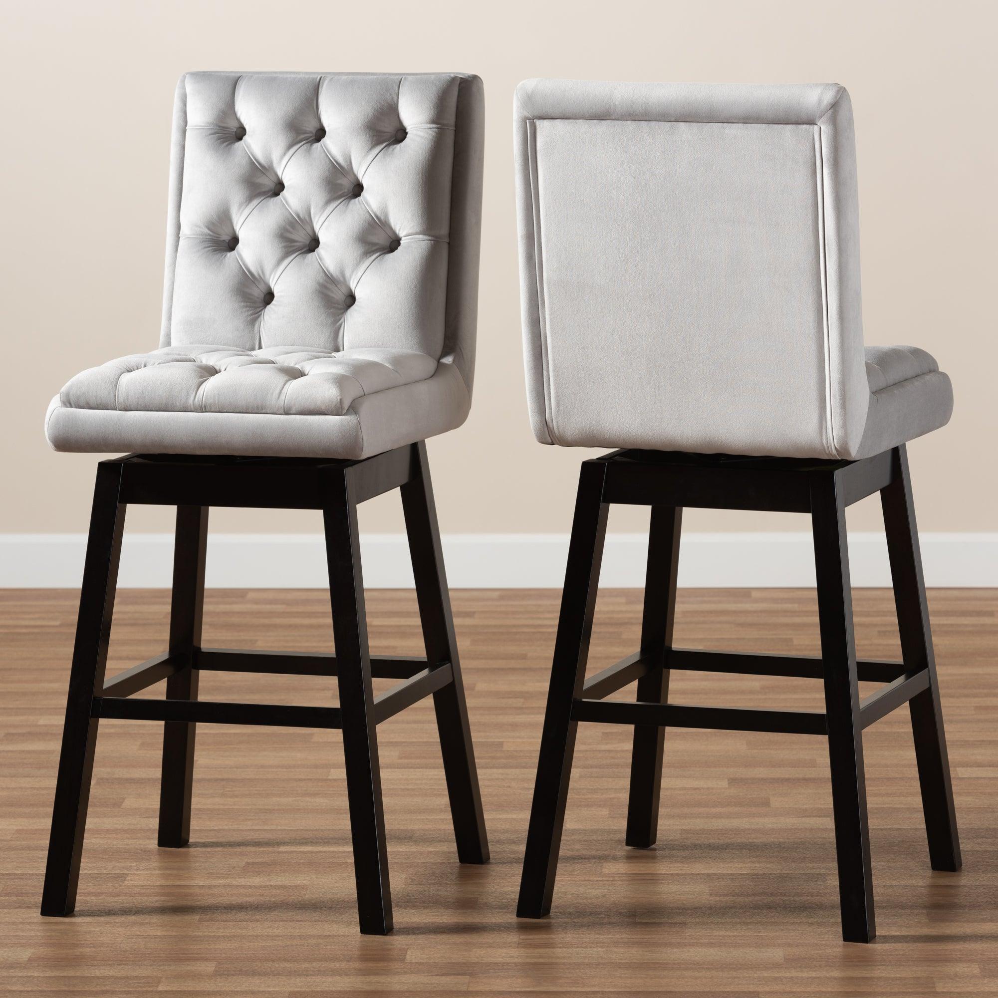 Gregory Modern Transitional Light Velvet Fabric Upholstered and Finished Wood 2-Piece Swivel Bar Stool Set Set