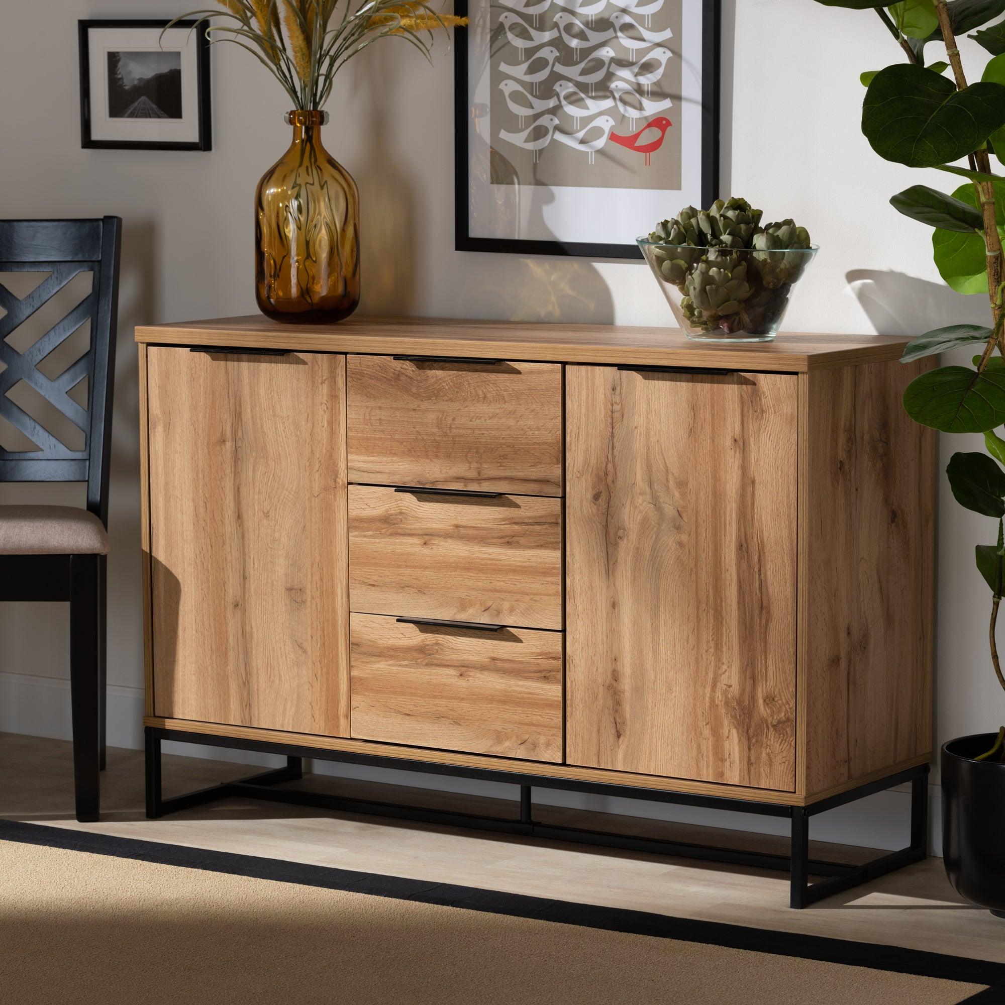 Reid Modern and Contemporary Industrial Finished Wood and Metal 3-Drawer Sideboard Buffet