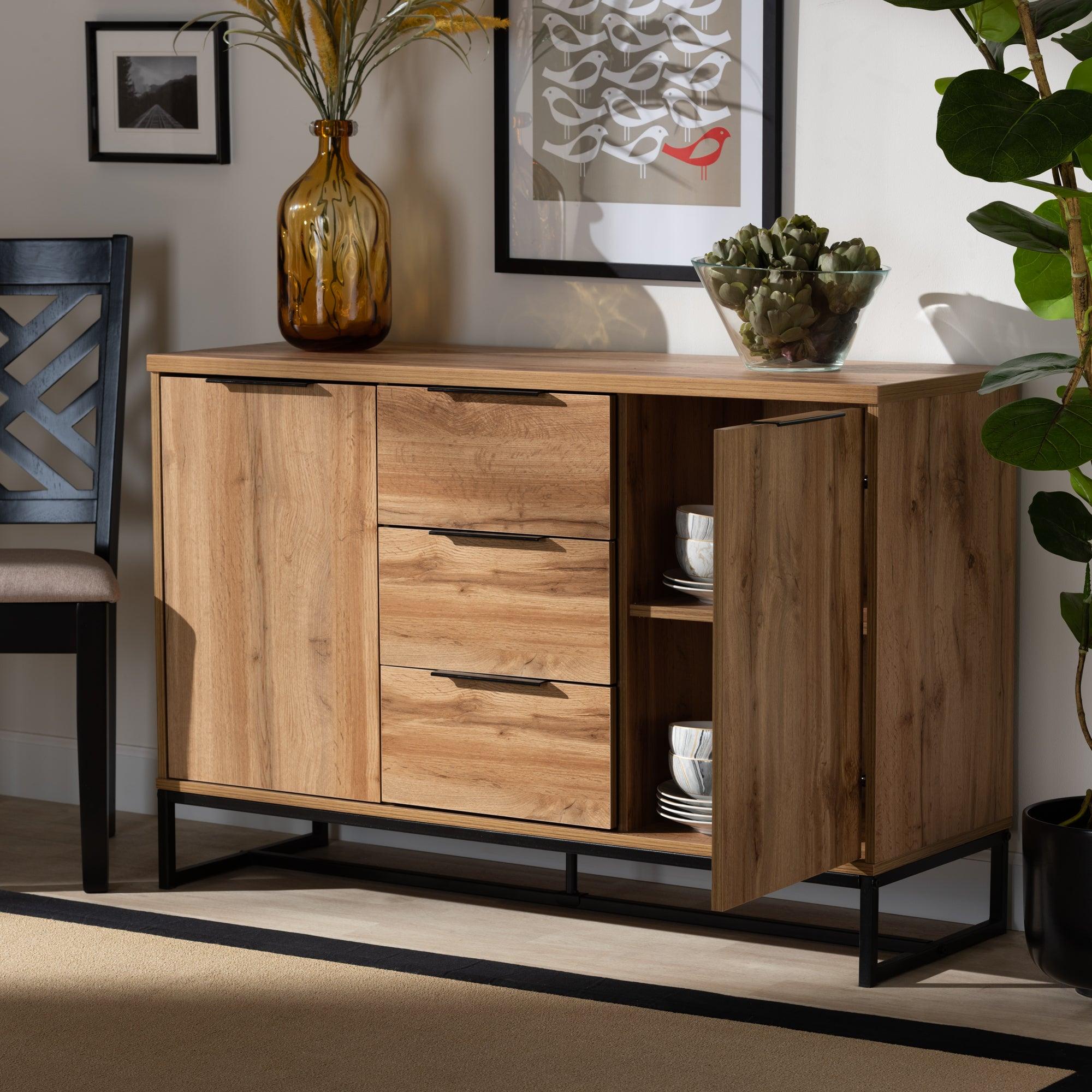 Reid Modern and Contemporary Industrial Finished Wood and Metal 3-Drawer Sideboard Buffet