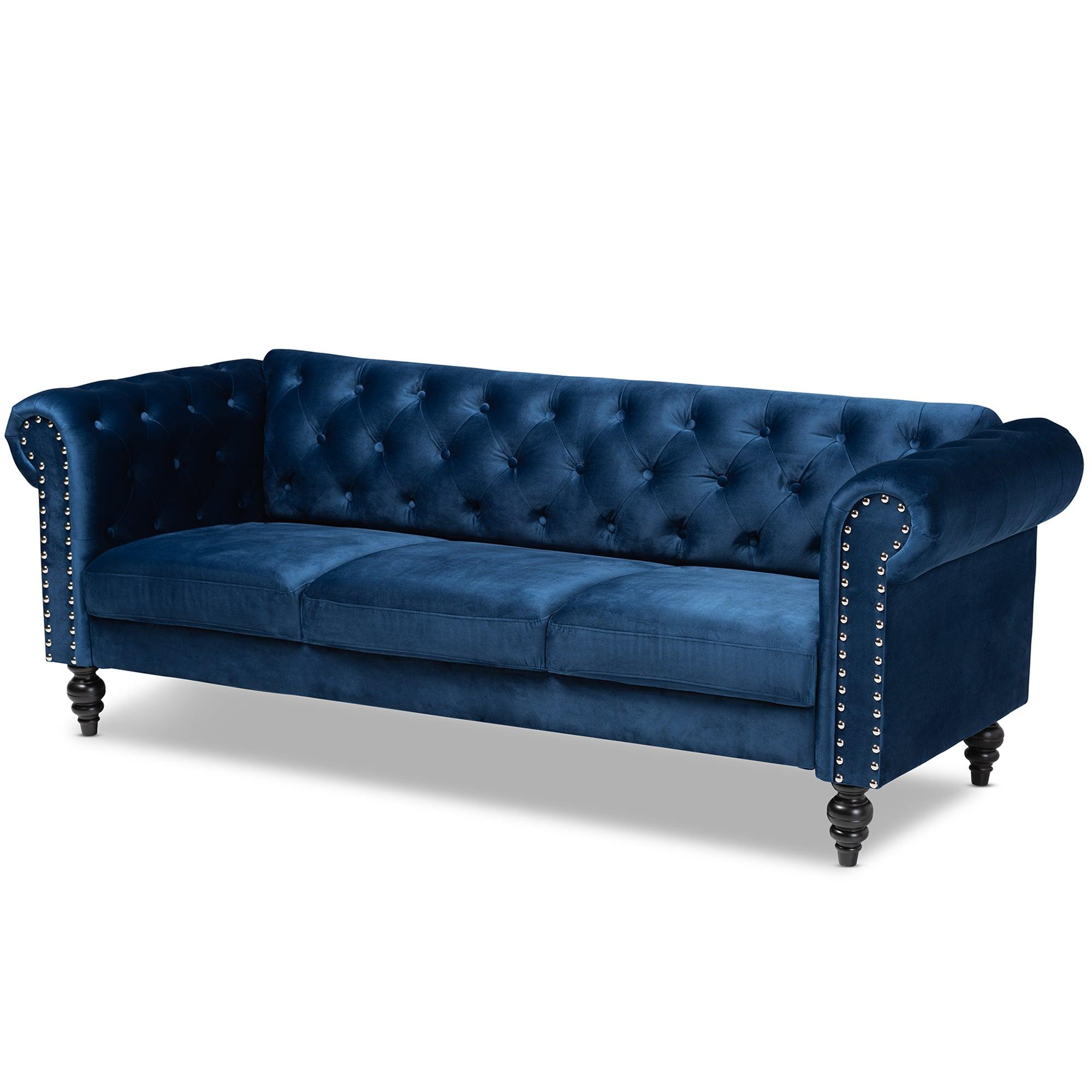 Emma Traditional and Transitional Velvet Fabric Upholstered and Button Tufted Chesterfield Sofa