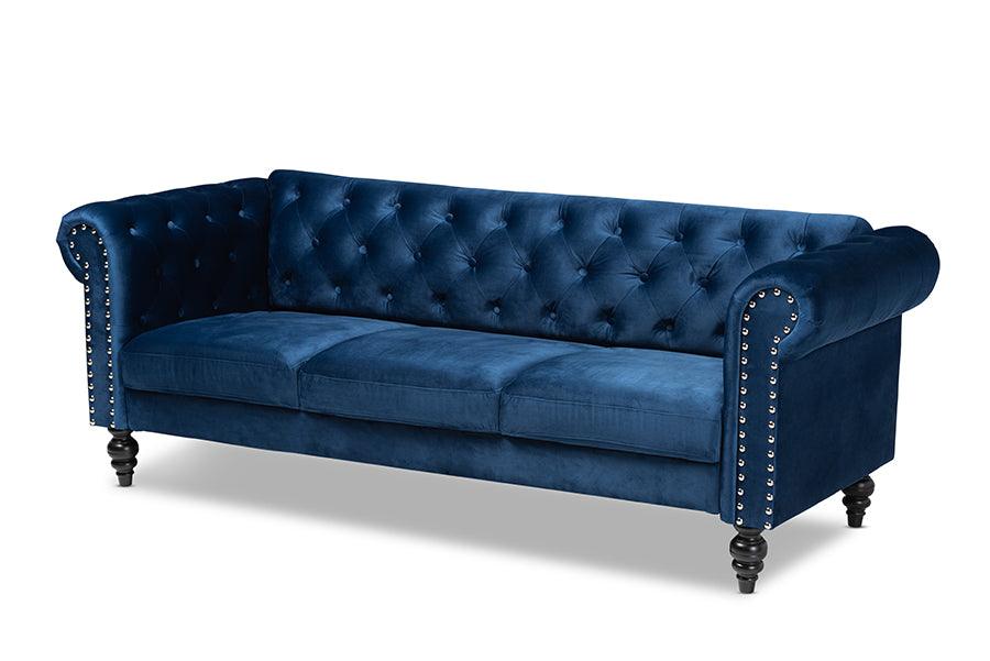 Emma Traditional and Transitional Velvet Fabric Upholstered and Button Tufted Chesterfield Sofa