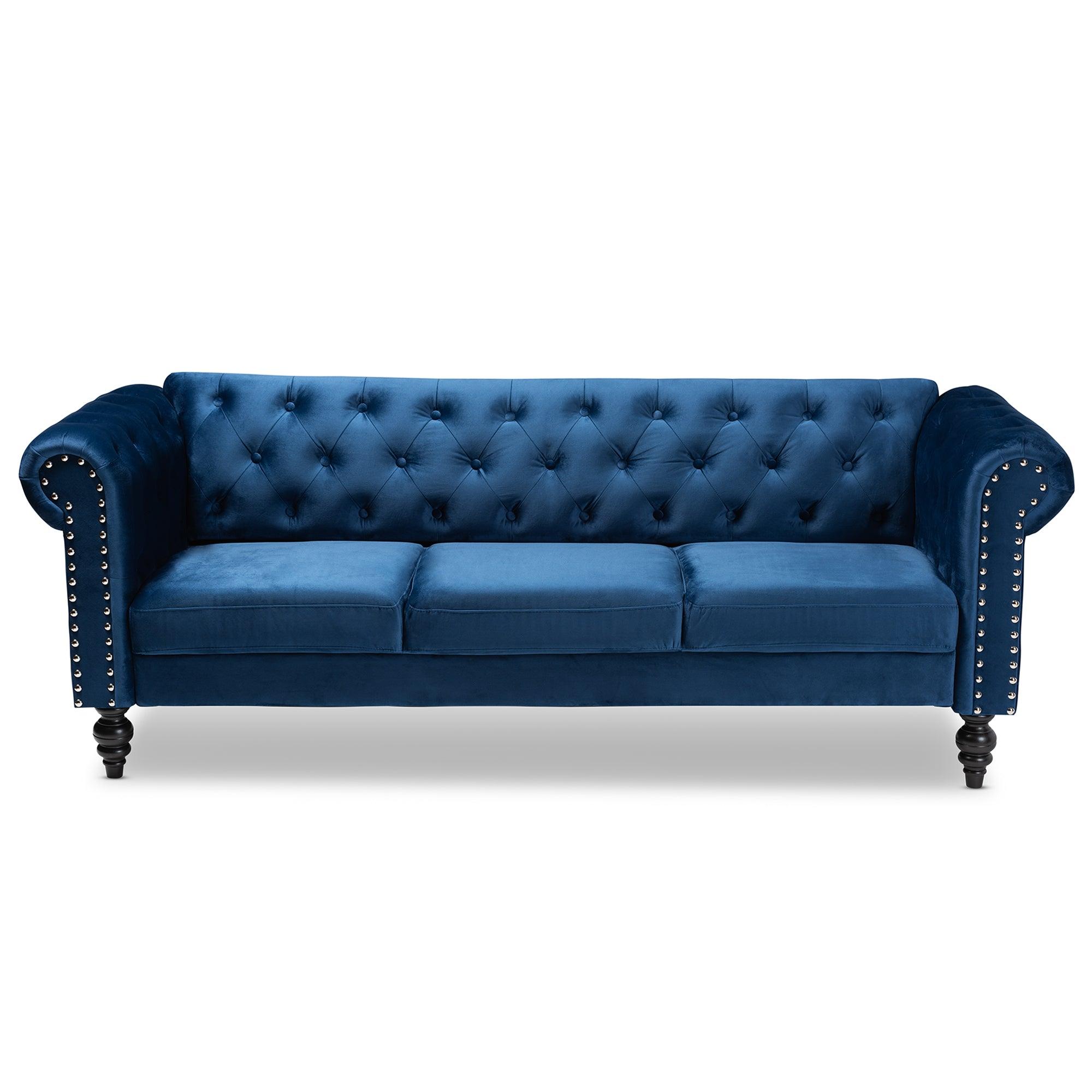 Emma Traditional and Transitional Velvet Fabric Upholstered and Button Tufted Chesterfield Sofa