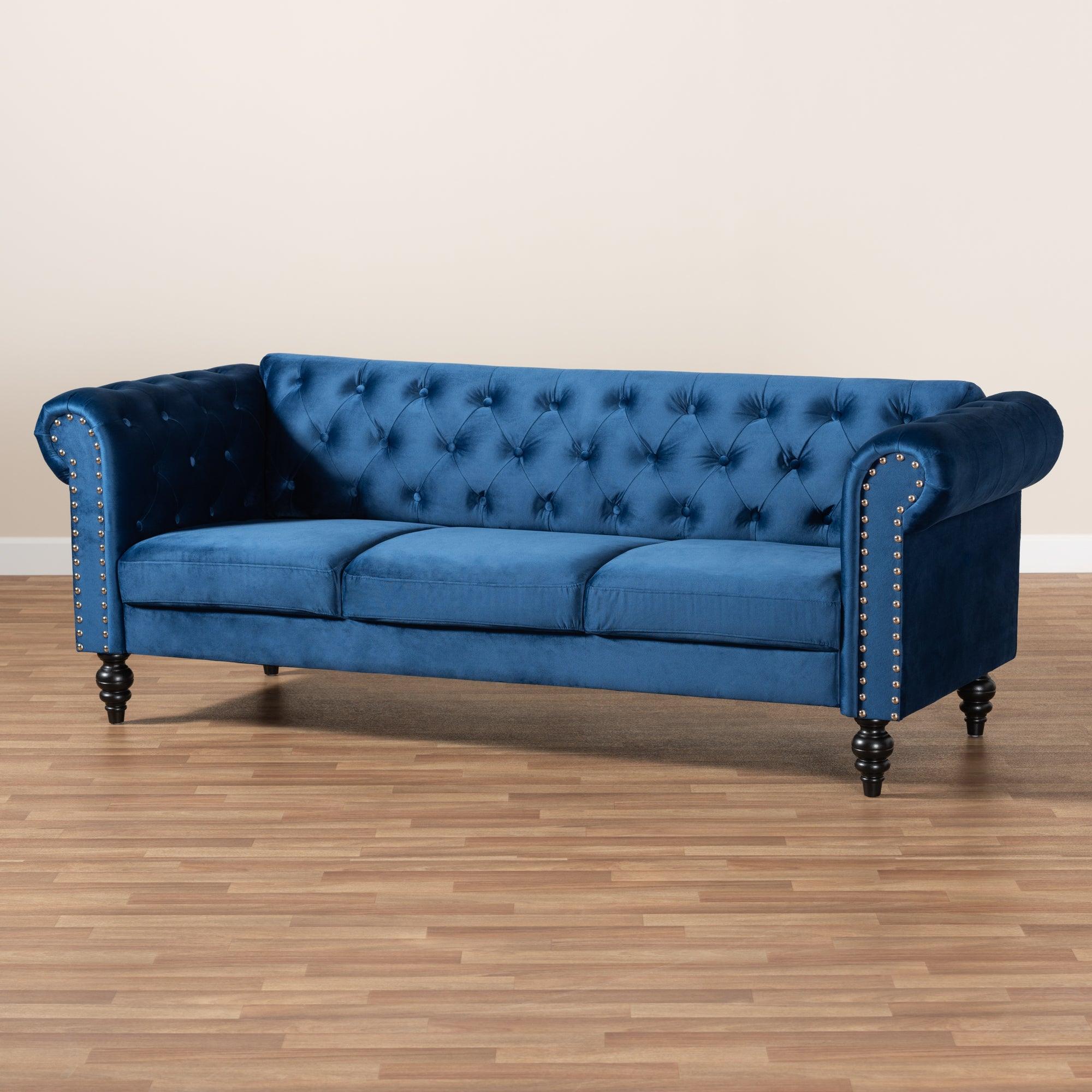 Emma Traditional and Transitional Velvet Fabric Upholstered and Button Tufted Chesterfield Sofa