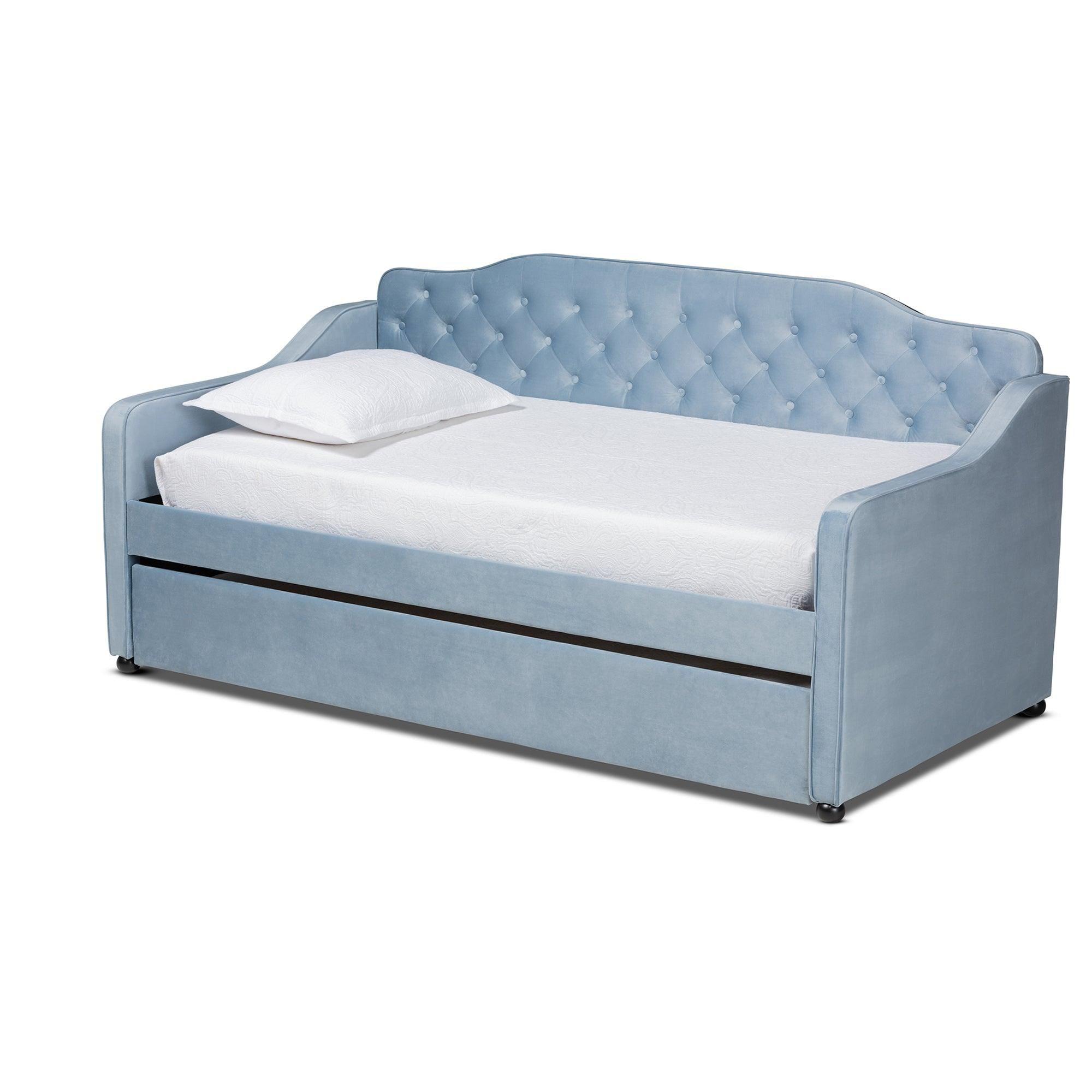 Freda Traditional and Transitional Velvet Fabric Upholstered and Button Tufted Daybed with Trundle