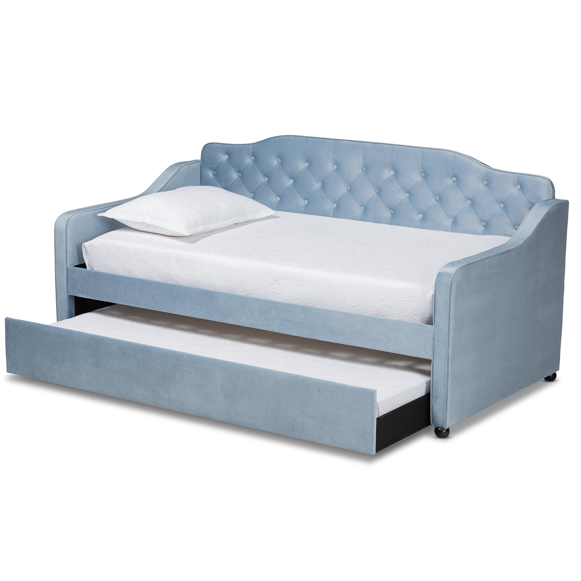 Freda Traditional and Transitional Velvet Fabric Upholstered and Button Tufted Daybed with Trundle