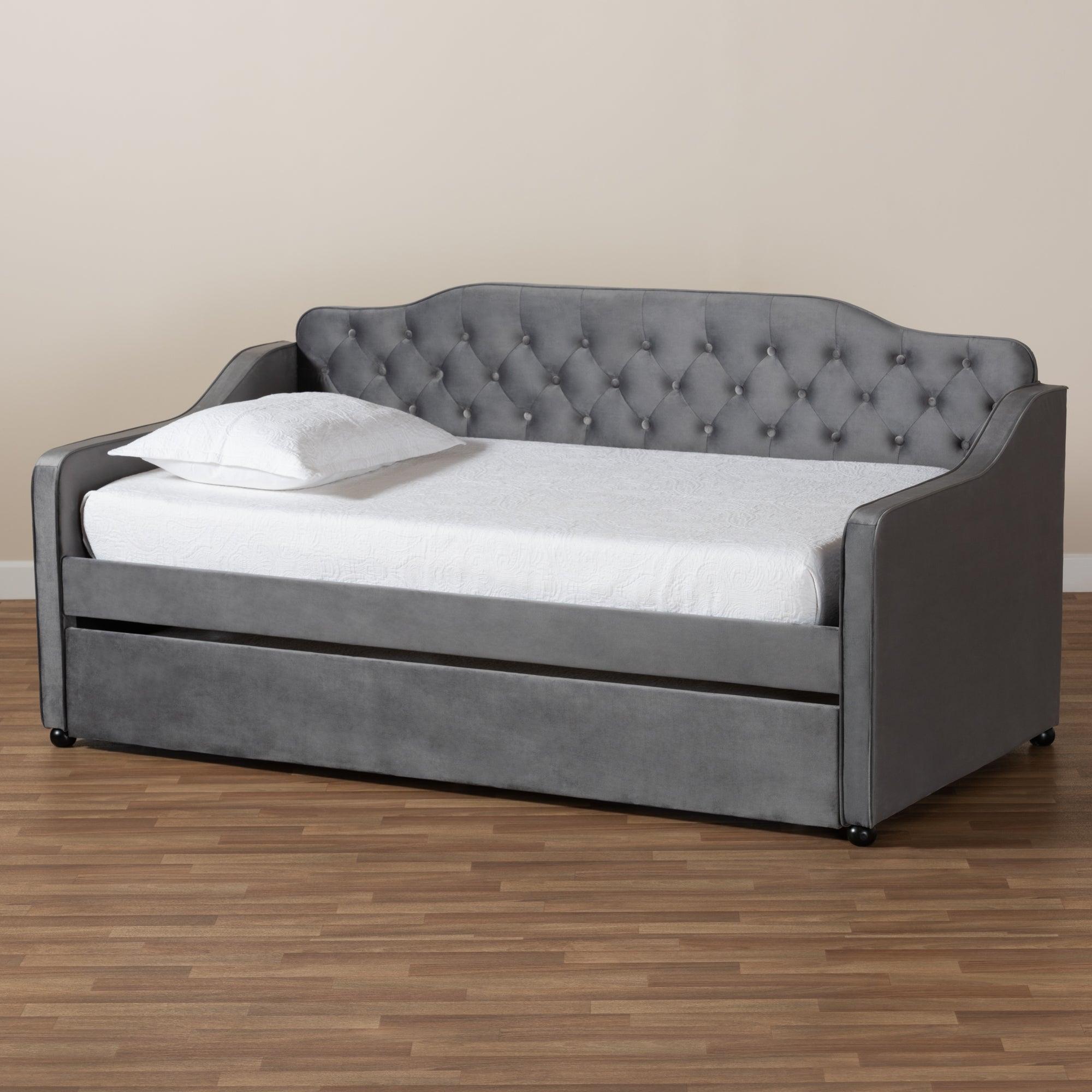 Freda Traditional and Transitional Velvet Fabric Upholstered and Button Tufted Daybed with Trundle