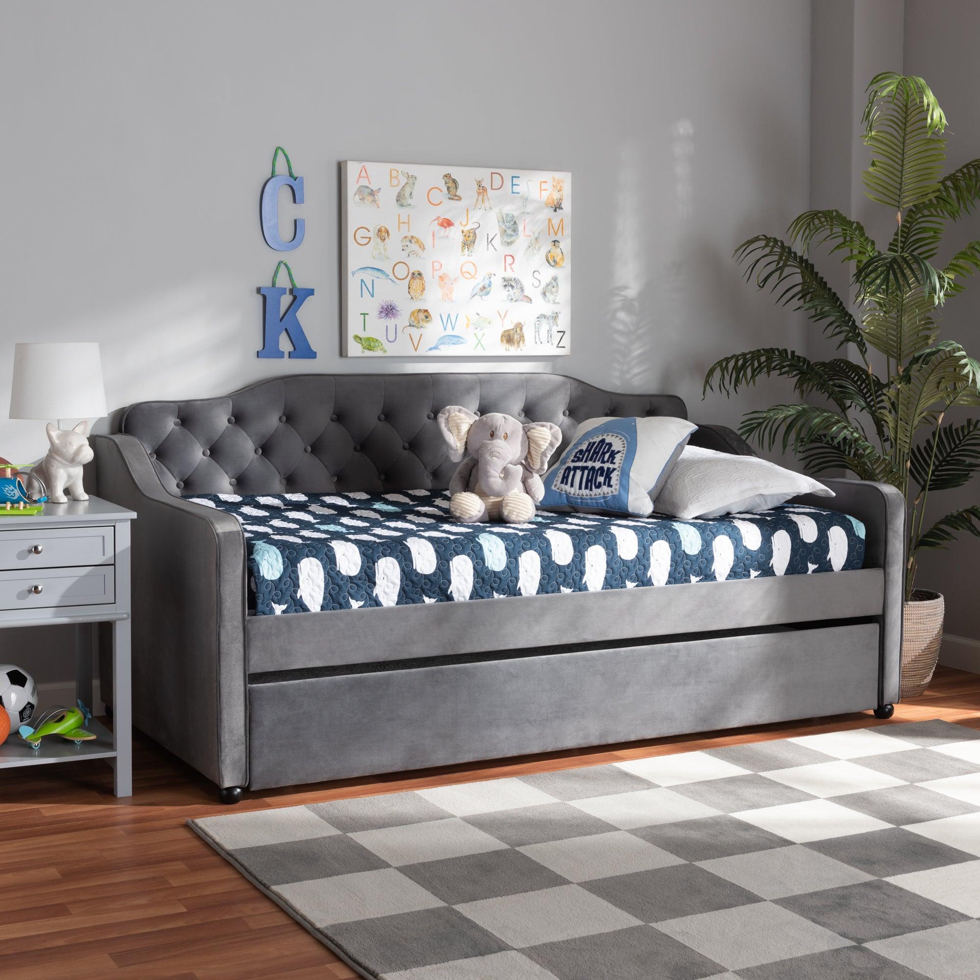 Freda Traditional and Transitional Velvet Fabric Upholstered and Button Tufted Daybed with Trundle