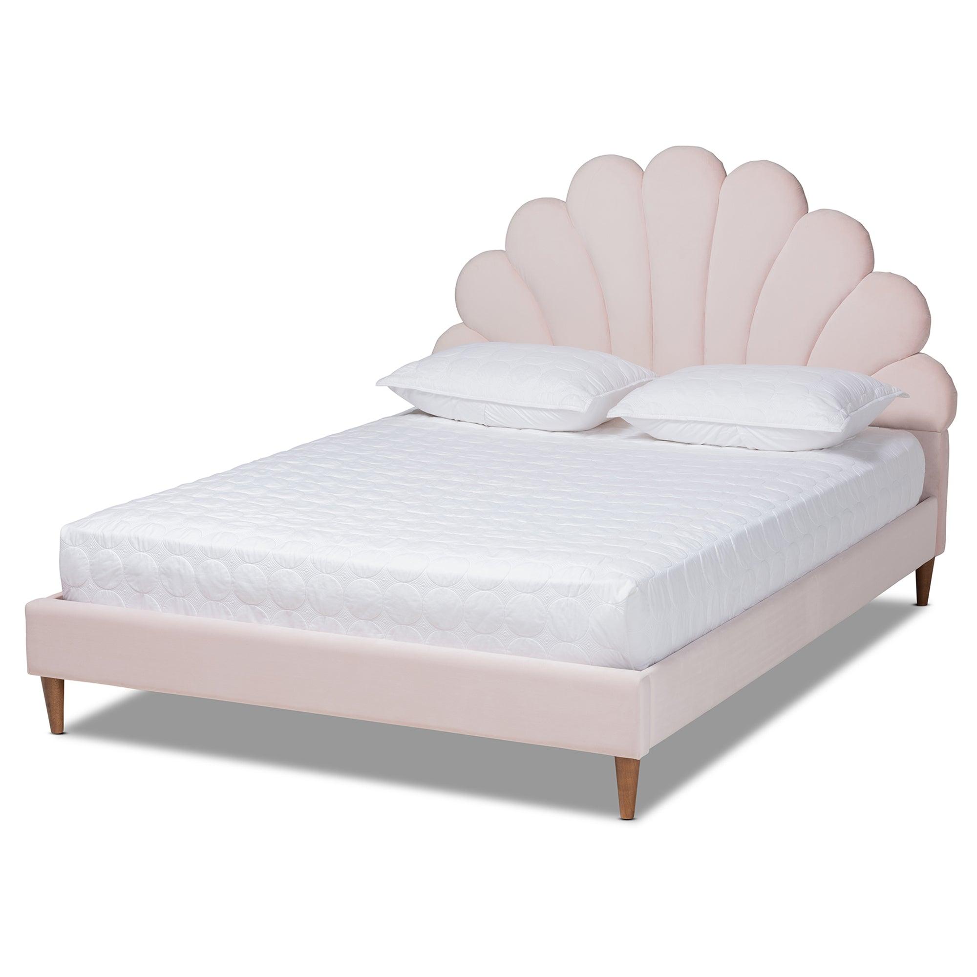 Odille Modern Glam Light Velvet Upholstered Finished Wood Seashell Shaped Platform Bed