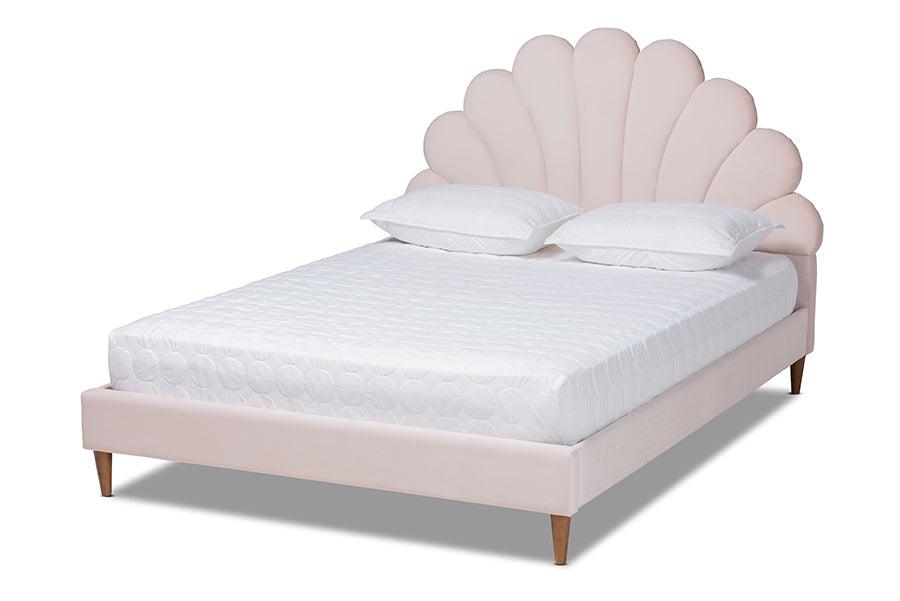 Odille Modern Glam Light Velvet Upholstered Finished Wood Seashell Shaped Platform Bed