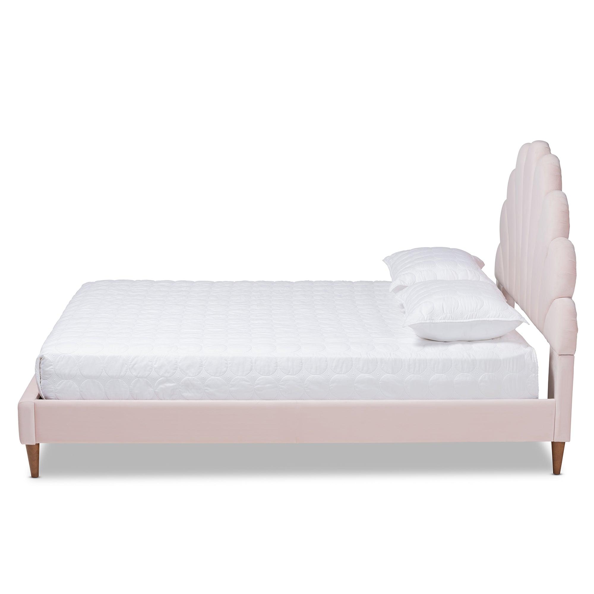 Odille Modern Glam Light Velvet Upholstered Finished Wood Seashell Shaped Platform Bed