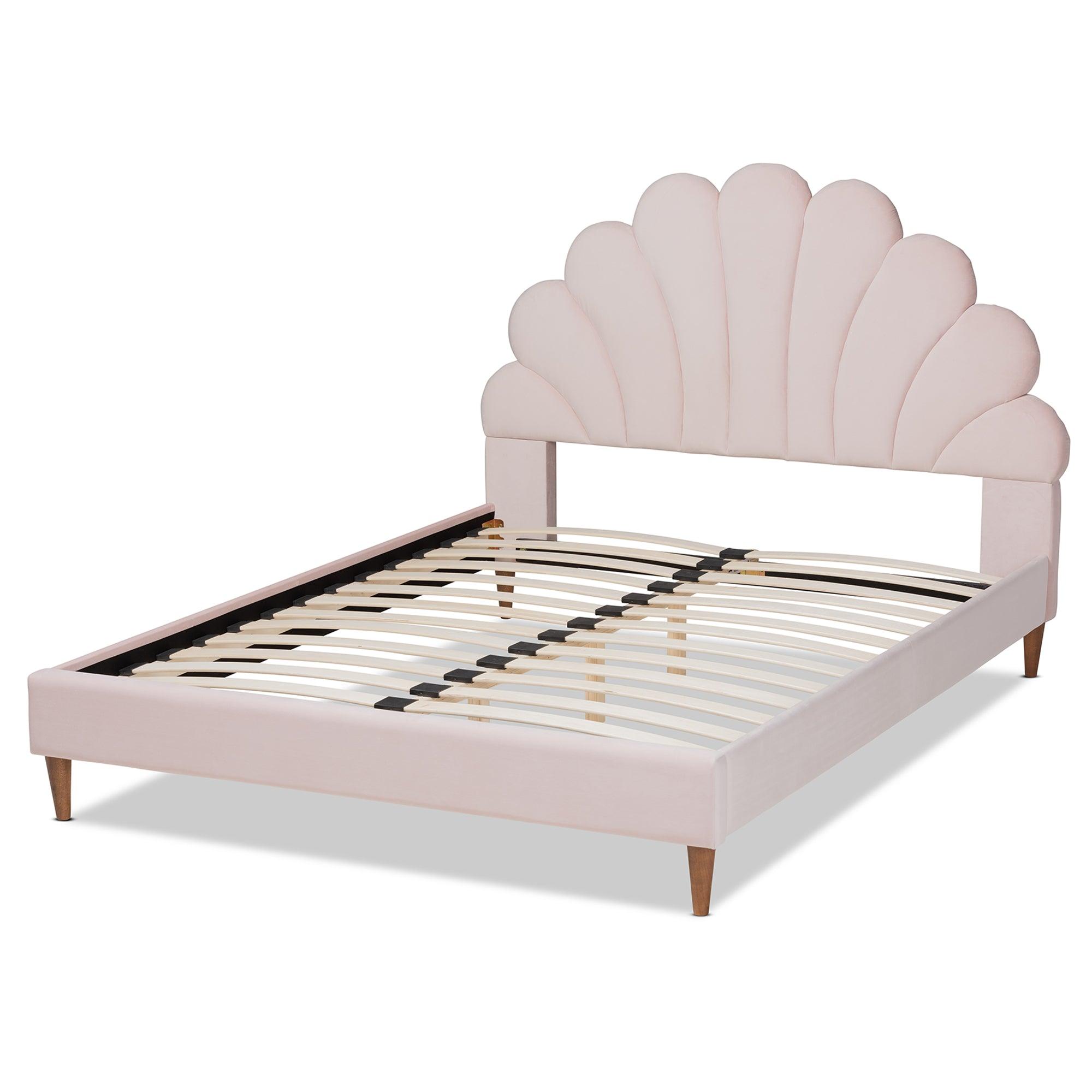 Odille Modern Glam Light Velvet Upholstered Finished Wood Seashell Shaped Platform Bed