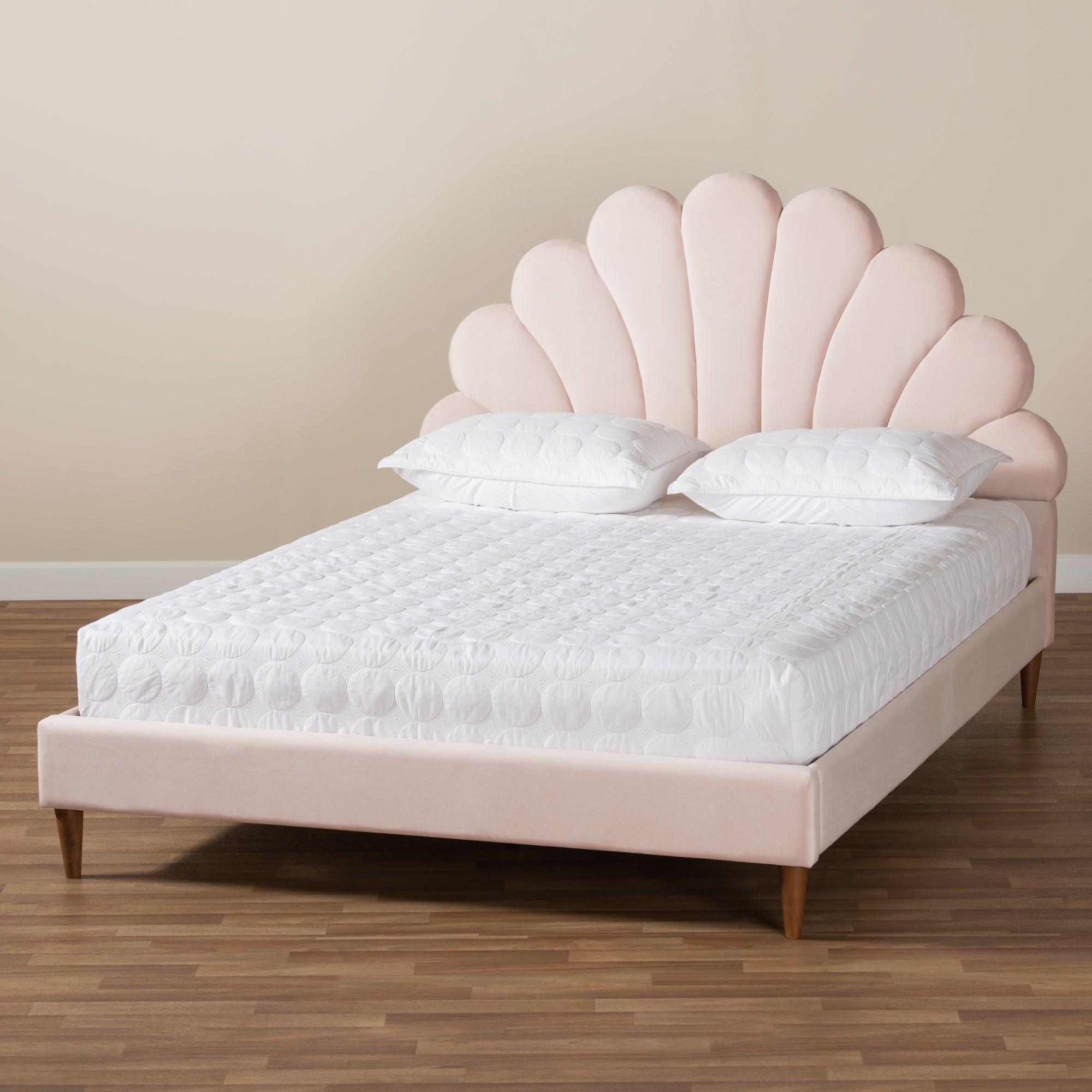 Odille Modern Glam Light Velvet Upholstered Finished Wood Seashell Shaped Platform Bed