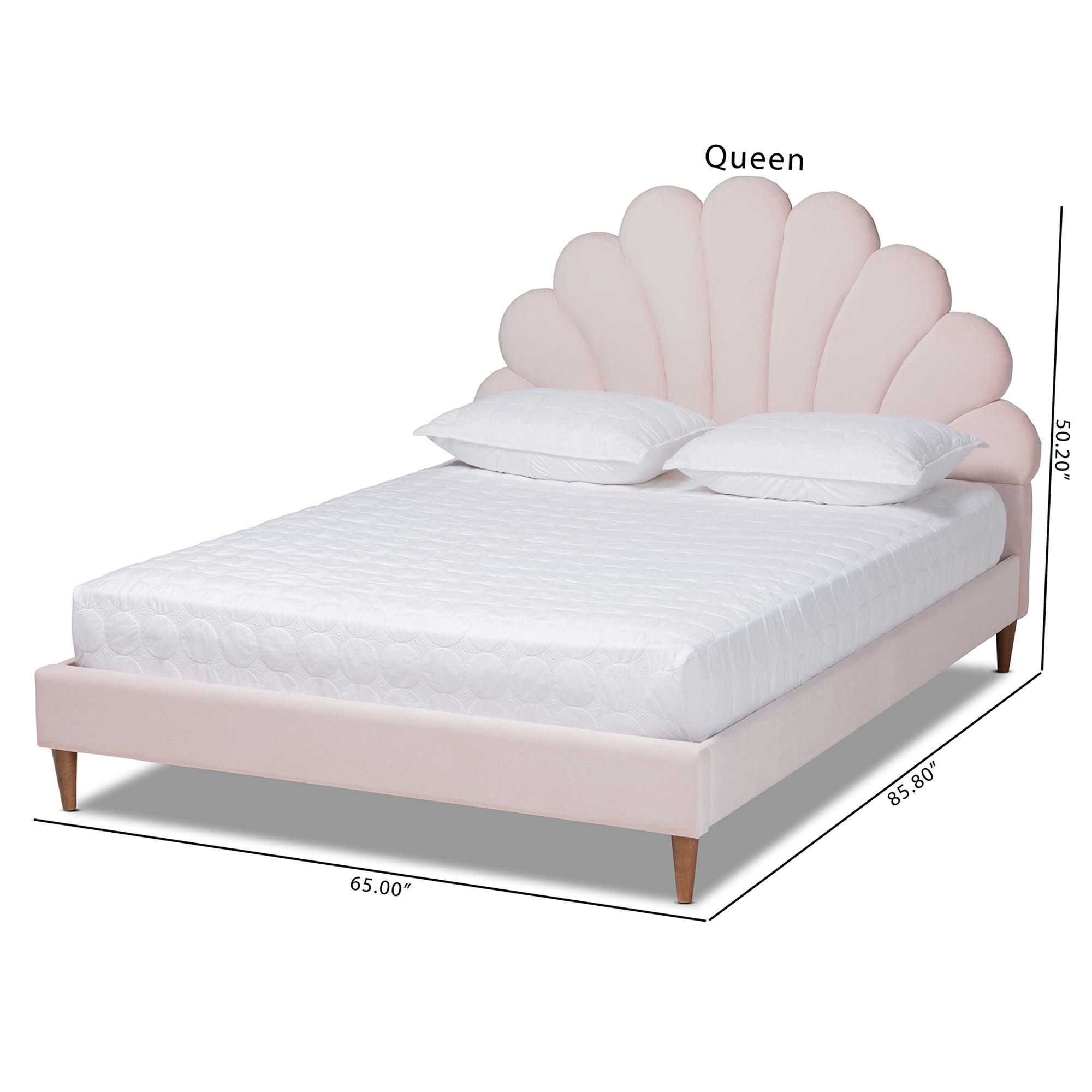 Odille Modern Glam Light Velvet Upholstered Finished Wood Seashell Shaped Platform Bed