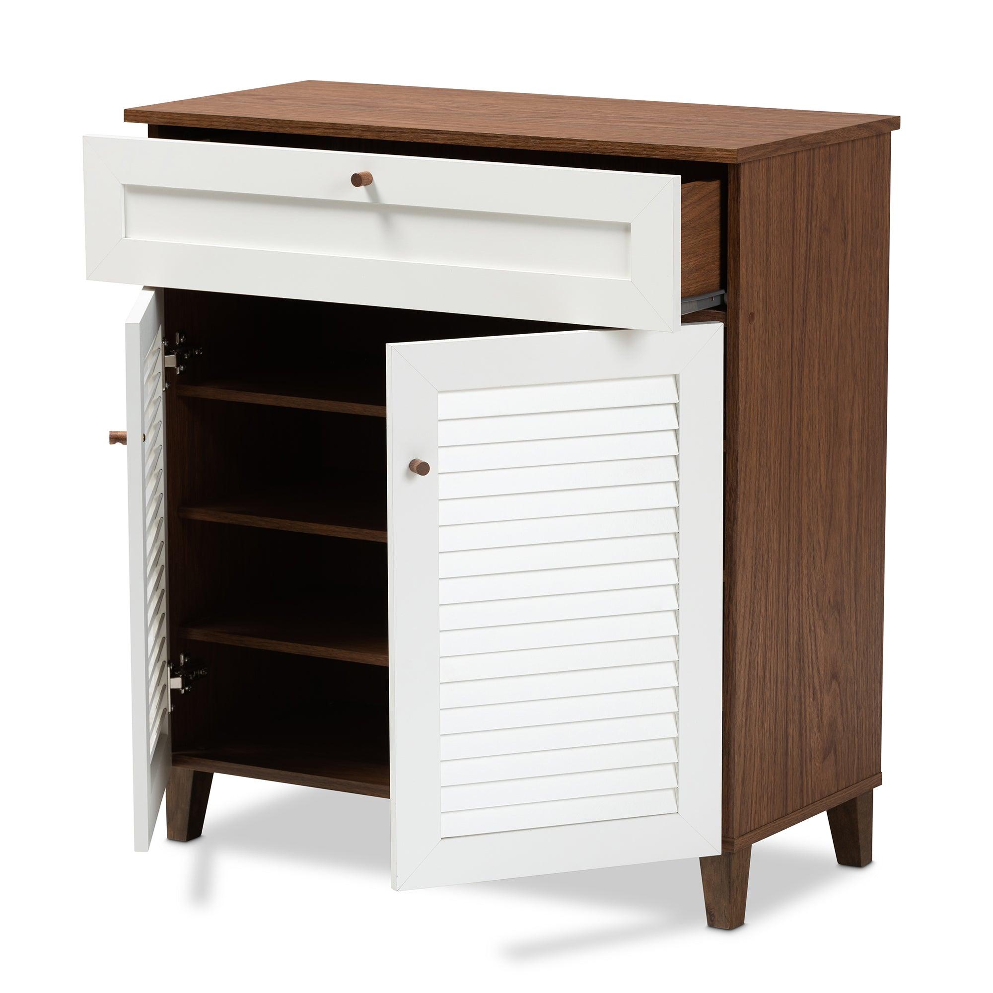 Coolidge Modern and Contemporary and Finished 4-Shelf Wood Shoe Storage Cabinet with Drawer