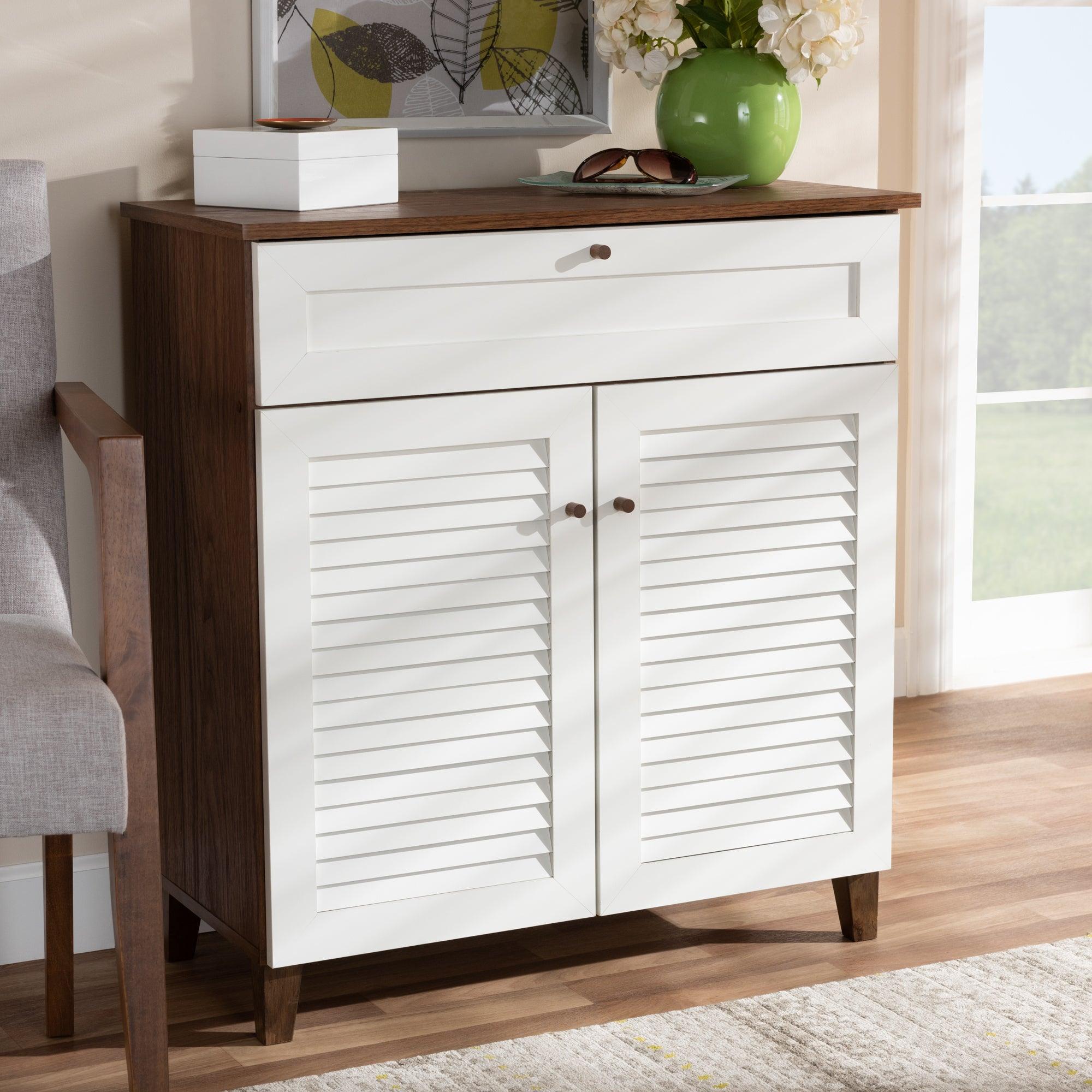 Coolidge Modern and Contemporary and Finished 4-Shelf Wood Shoe Storage Cabinet with Drawer