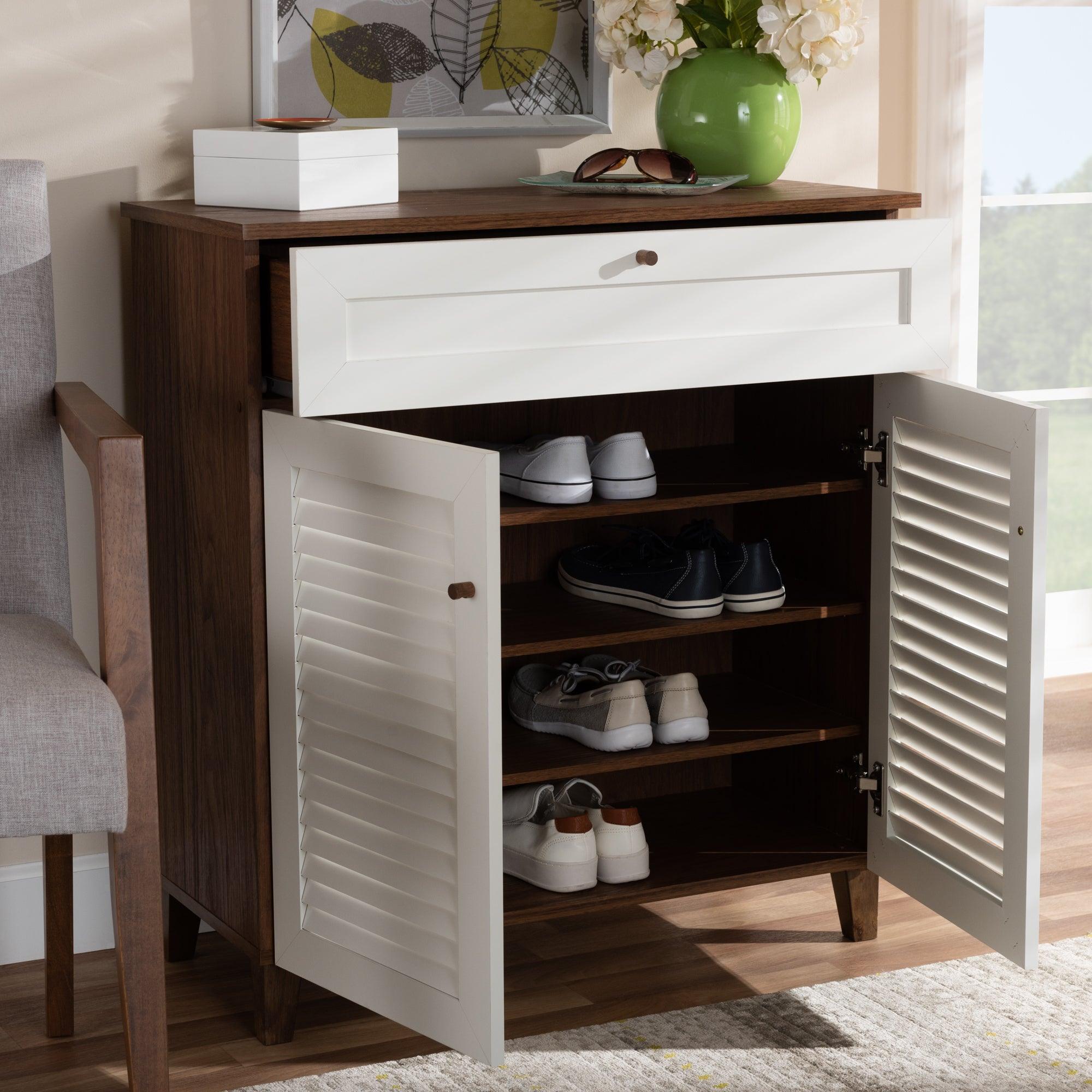 Coolidge Modern and Contemporary and Finished 4-Shelf Wood Shoe Storage Cabinet with Drawer