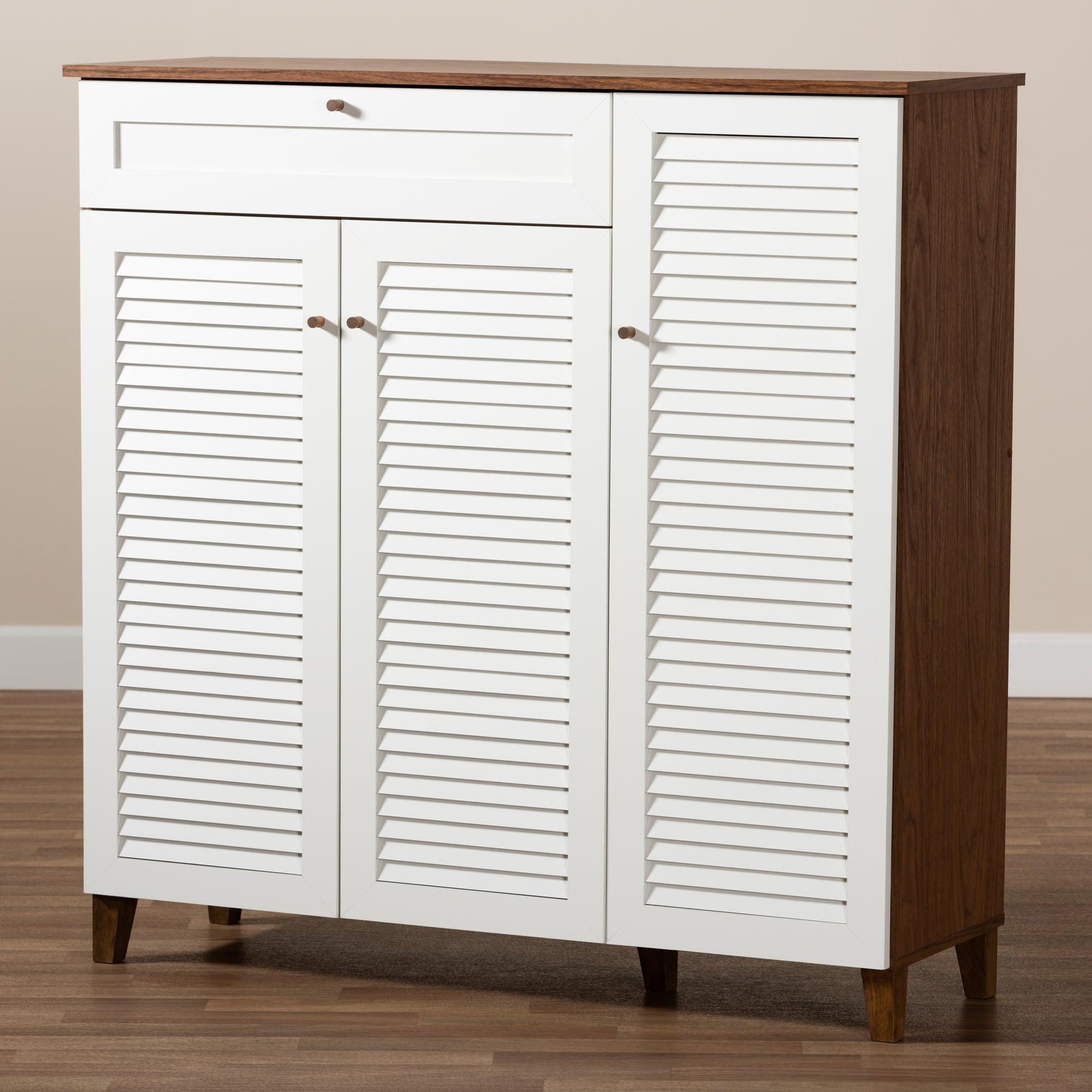 Coolidge Modern and Contemporary Finished 11-Shelf Wood Shoe Storage Cabinet with Drawer