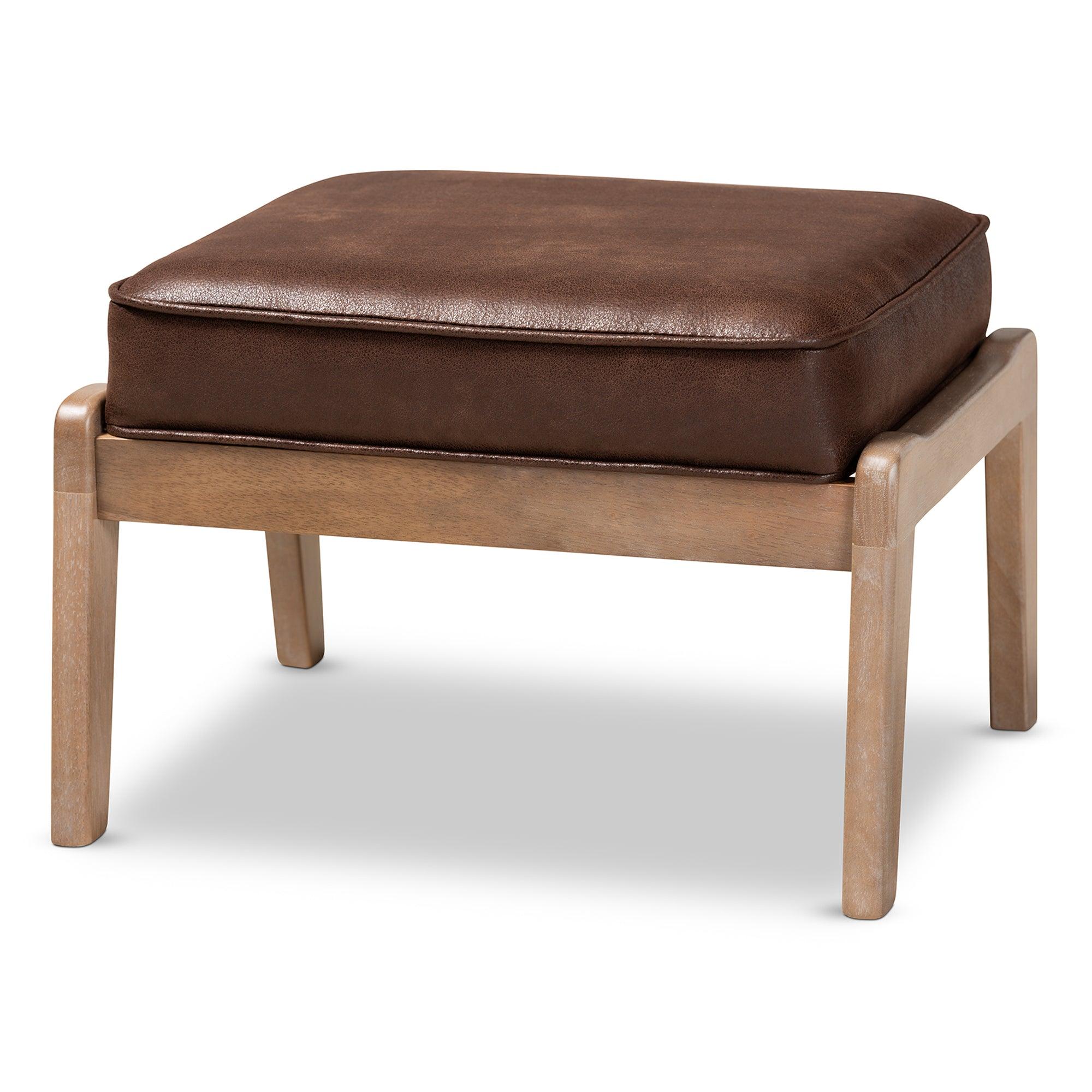 Sigrid Mid-Century Modern Faux Leather Effect Fabric Upholstered Antique Finished Wood Ottoman