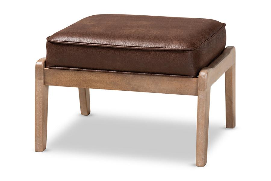 Sigrid Mid-Century Modern Faux Leather Effect Fabric Upholstered Antique Finished Wood Ottoman