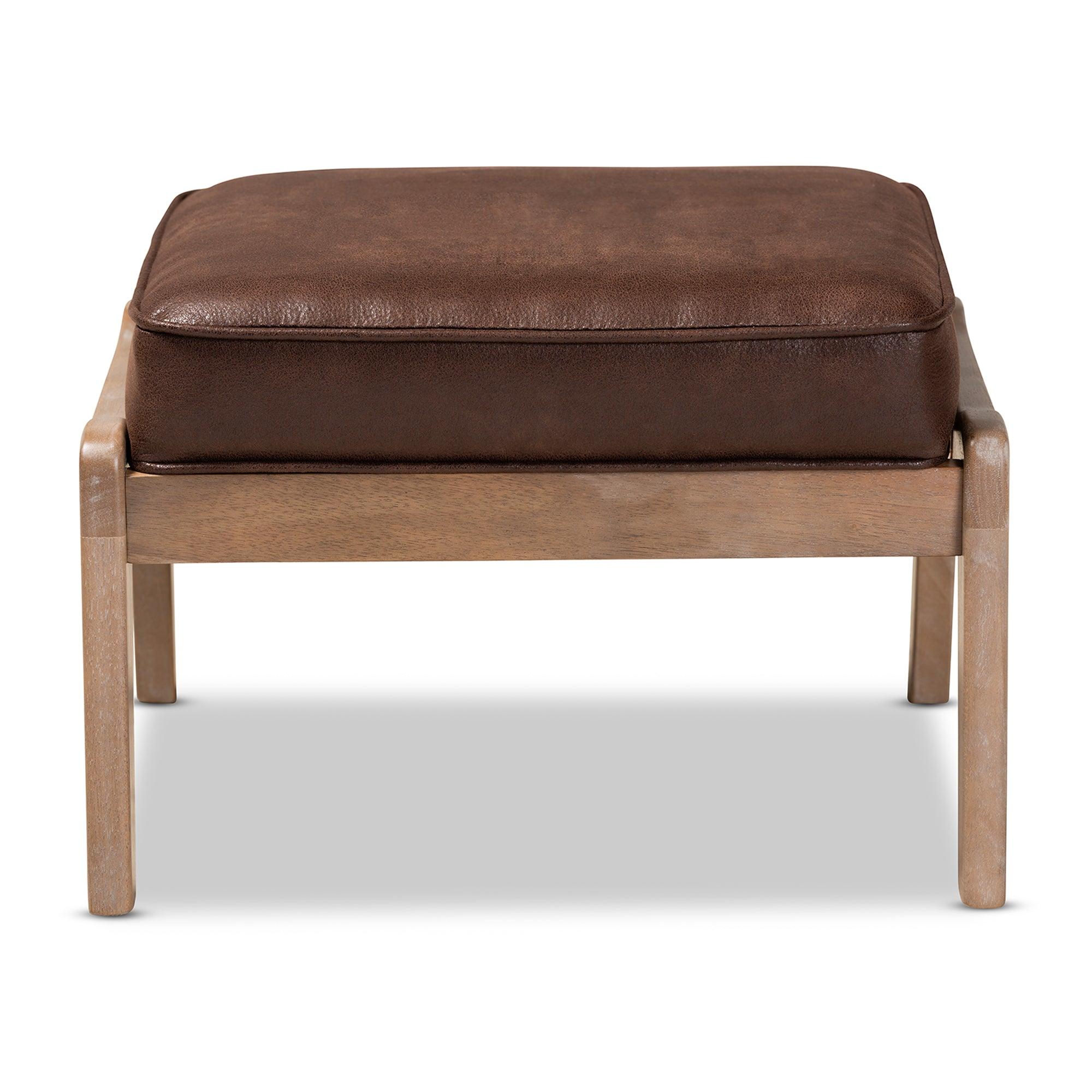 Sigrid Mid-Century Modern Faux Leather Effect Fabric Upholstered Antique Finished Wood Ottoman