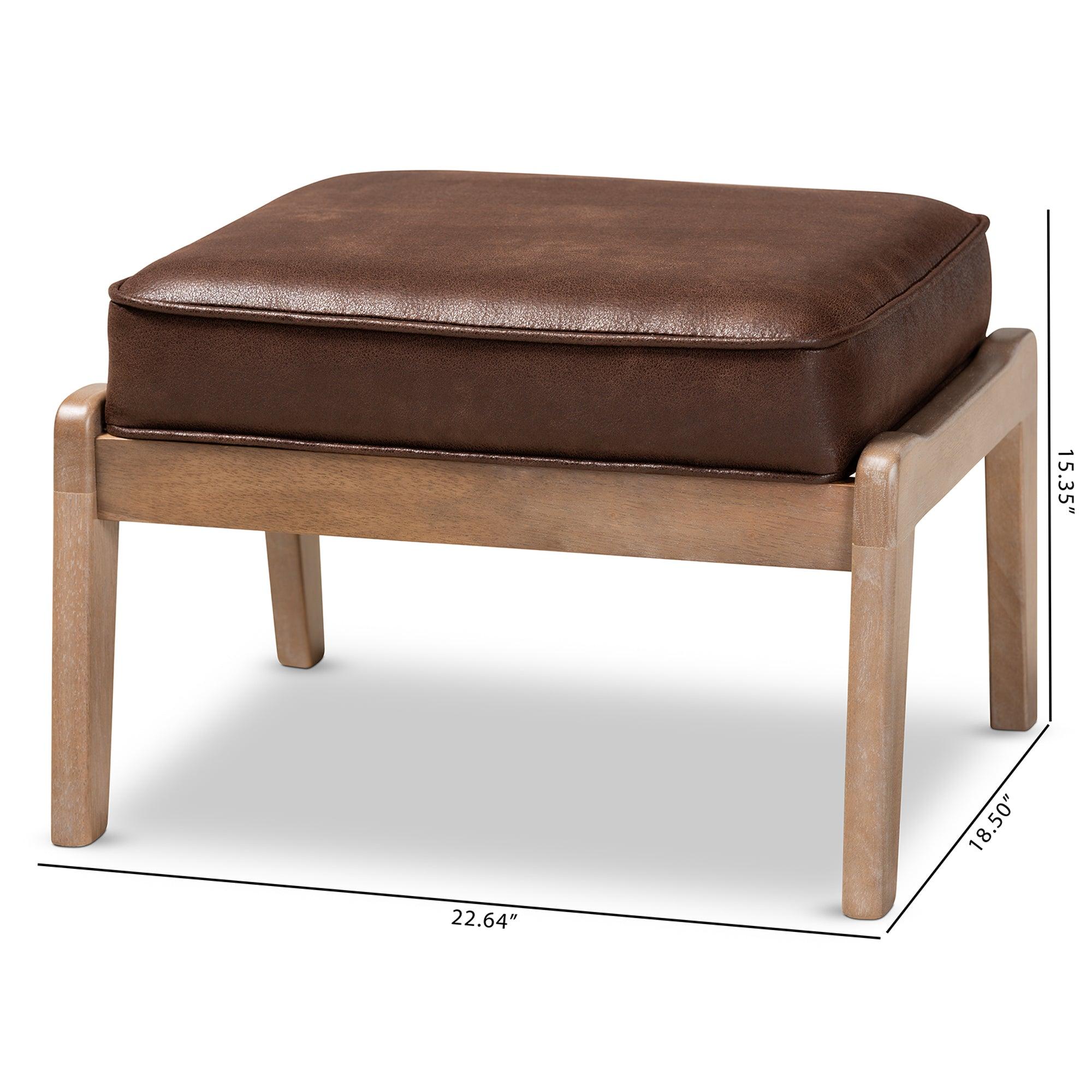 Sigrid Mid-Century Modern Faux Leather Effect Fabric Upholstered Antique Finished Wood Ottoman