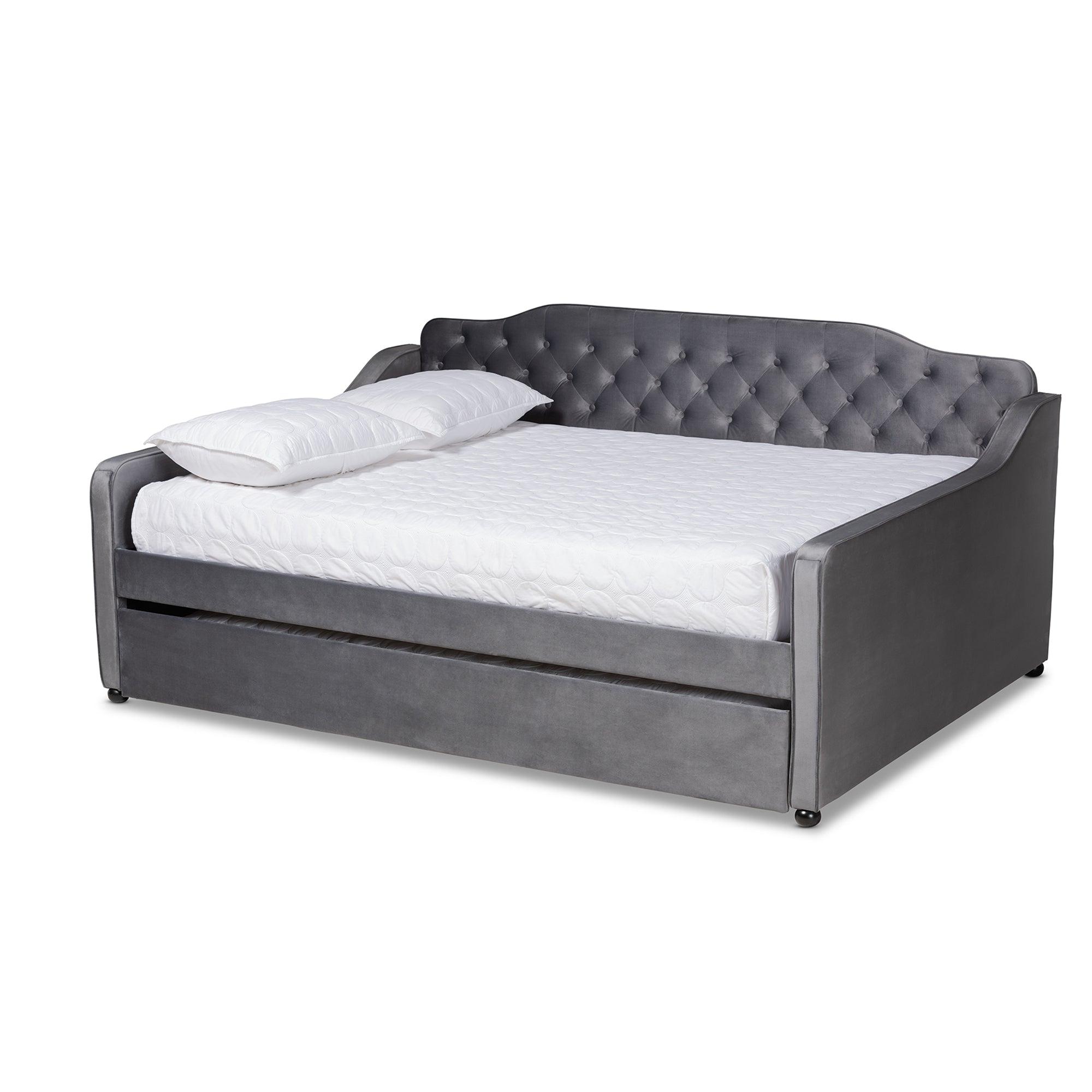 Freda Transitional and Contemporary Velvet Fabric Upholstered and Button Tufted Daybed with Trundle