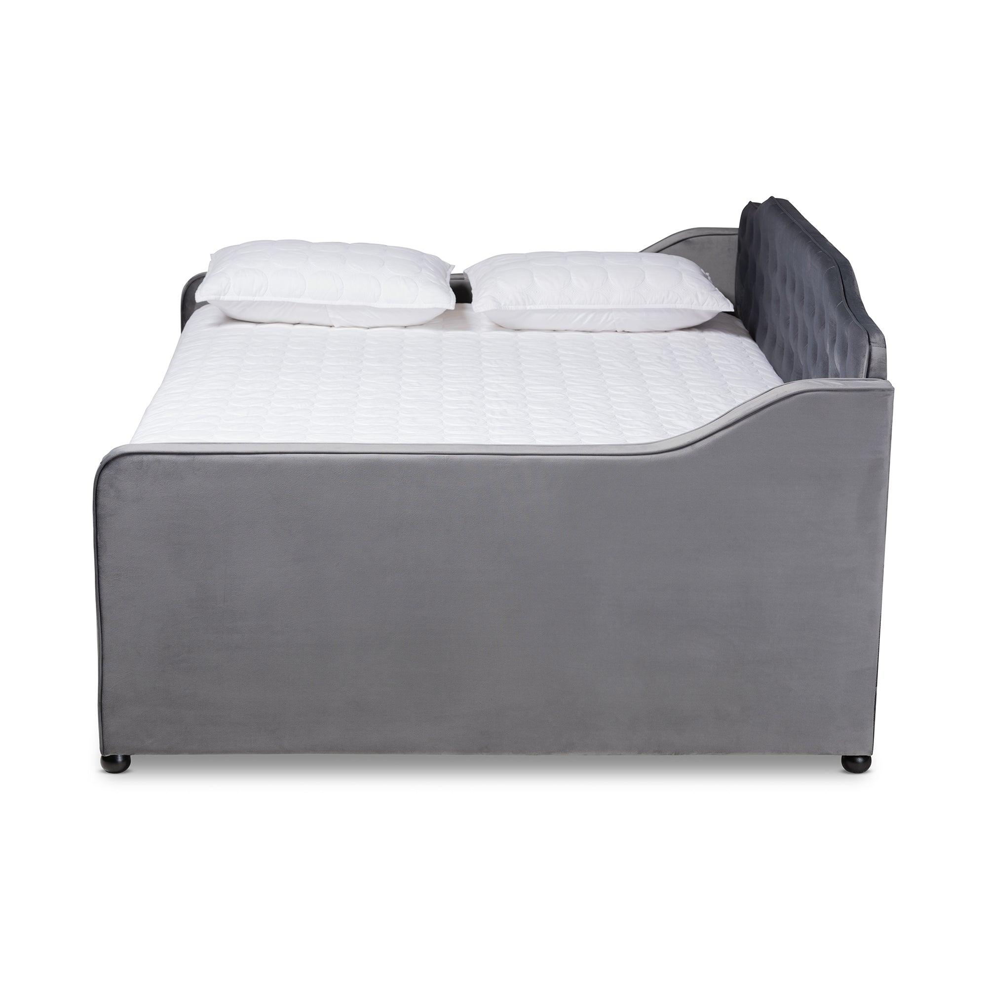 Freda Transitional and Contemporary Velvet Fabric Upholstered and Button Tufted Daybed with Trundle