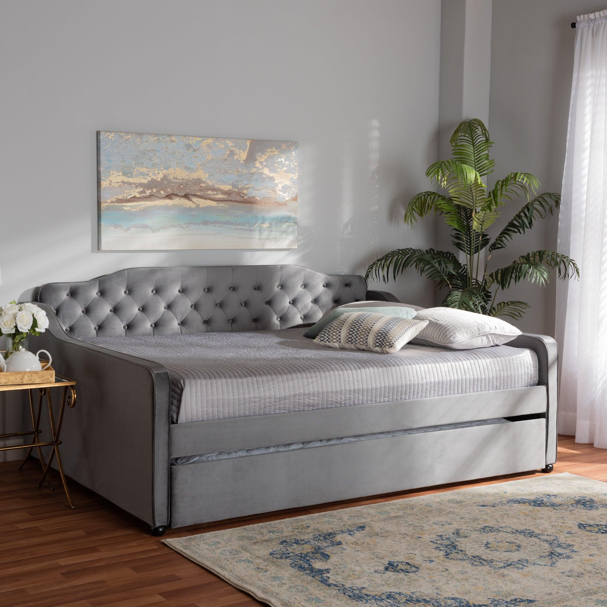 Freda Transitional and Contemporary Velvet Fabric Upholstered and Button Tufted Daybed with Trundle