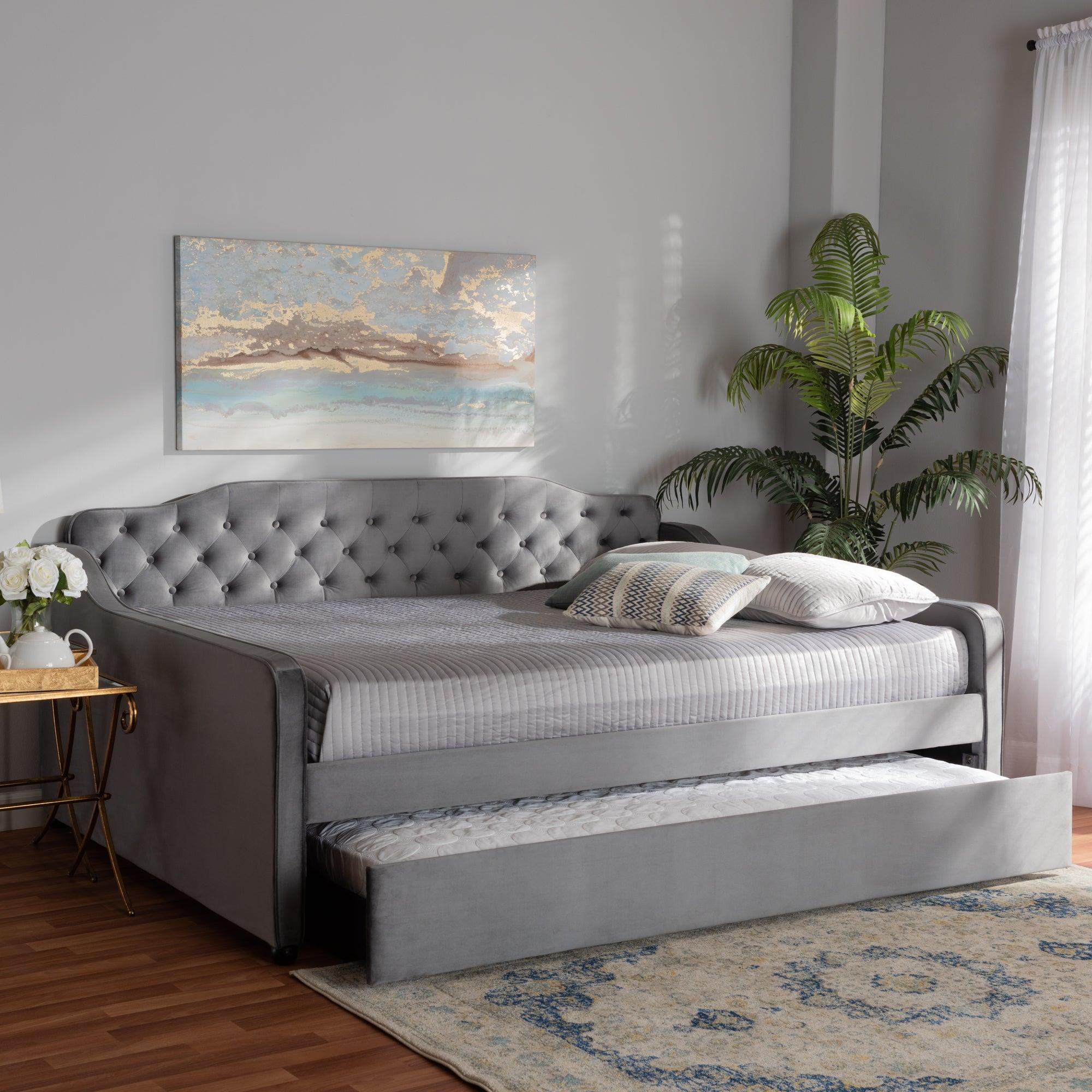 Freda Transitional and Contemporary Velvet Fabric Upholstered and Button Tufted Daybed with Trundle