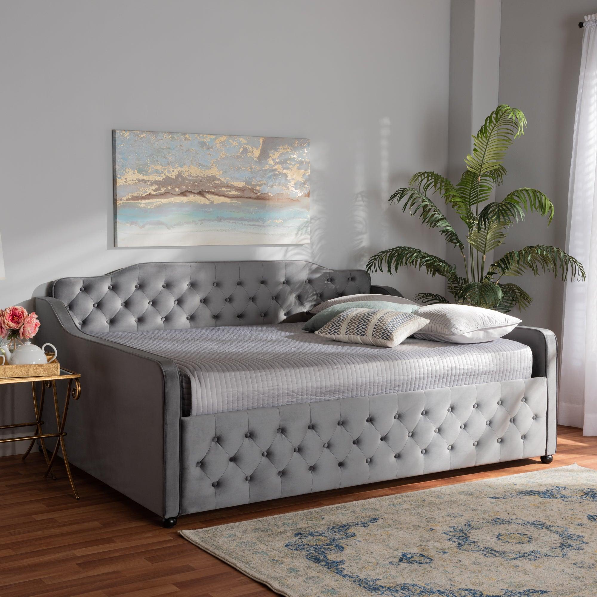 Freda Transitional and Contemporary Velvet Fabric Upholstered and Button Tufted Daybed