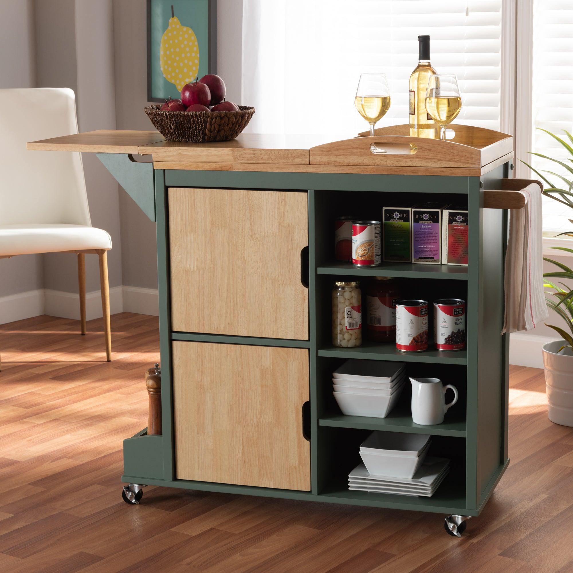 Dorthy Coastal and Farmhouse Two-tone Dark and Wood Kitchen Storage Cart