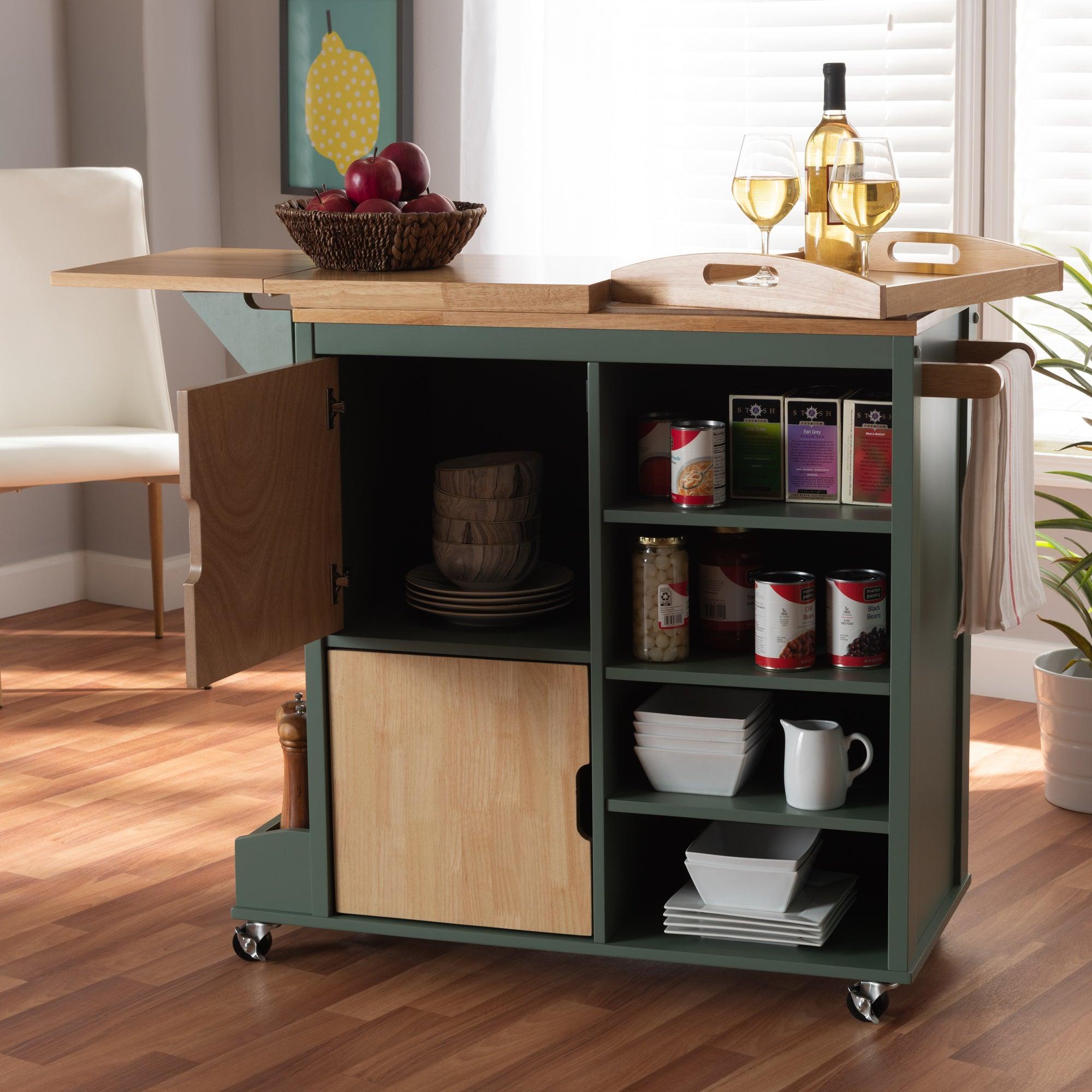 Dorthy Coastal and Farmhouse Two-tone Dark and Wood Kitchen Storage Cart