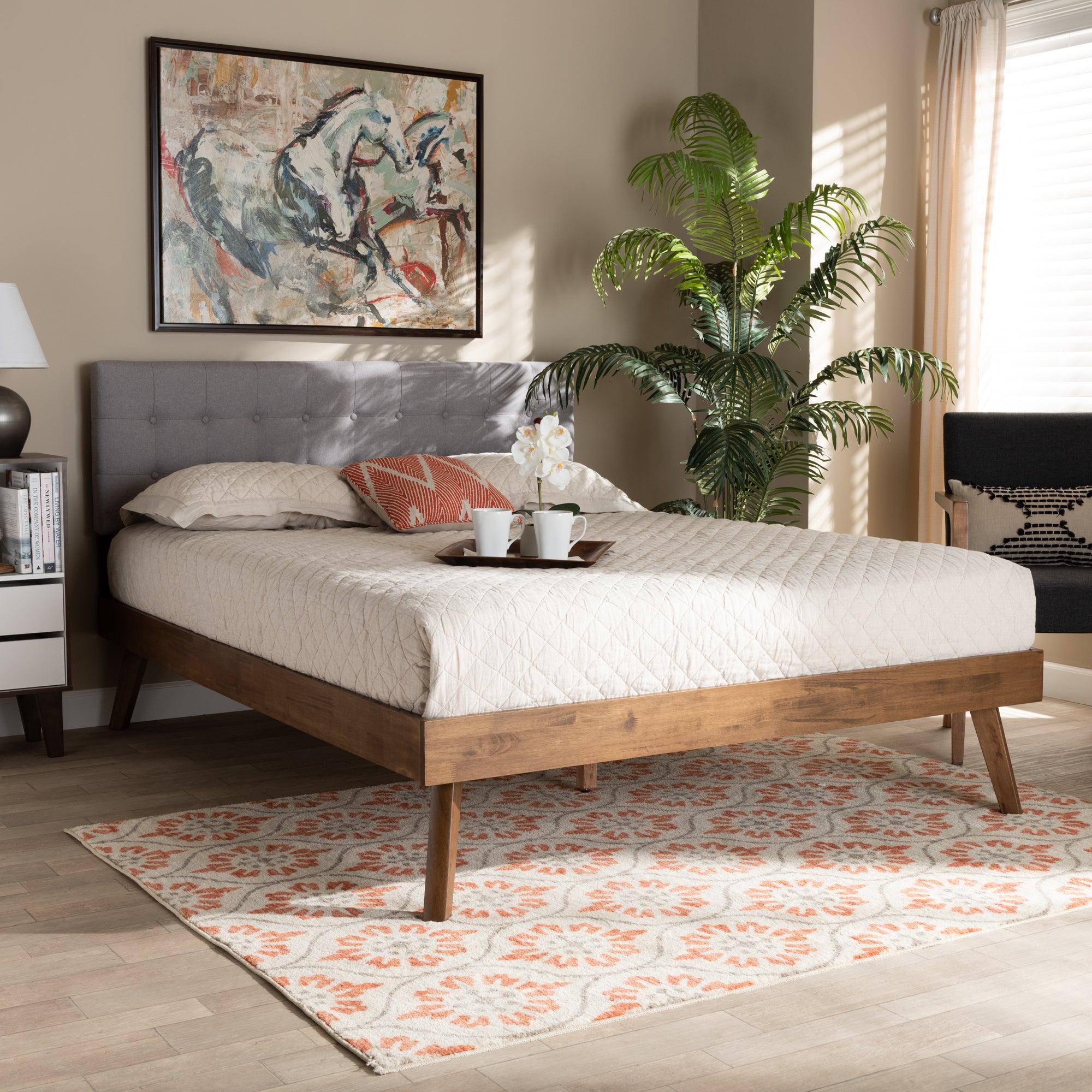 Devan Mid-Century Modern Light Fabric Upholstered Finished Wood Platform Bed