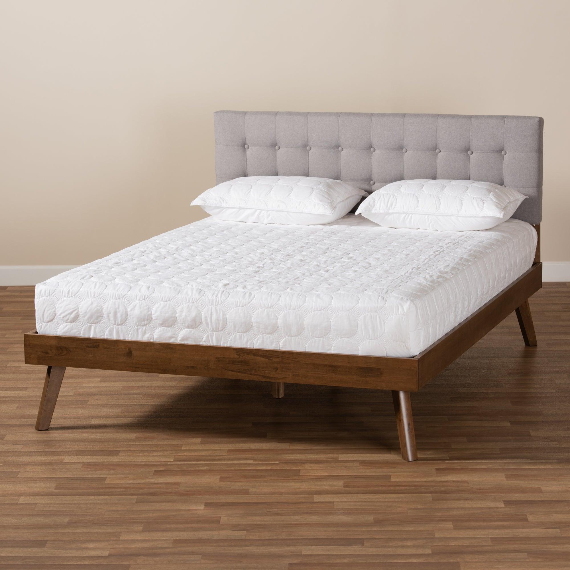 Devan Mid-Century Modern Light Fabric Upholstered Finished Wood Platform Bed