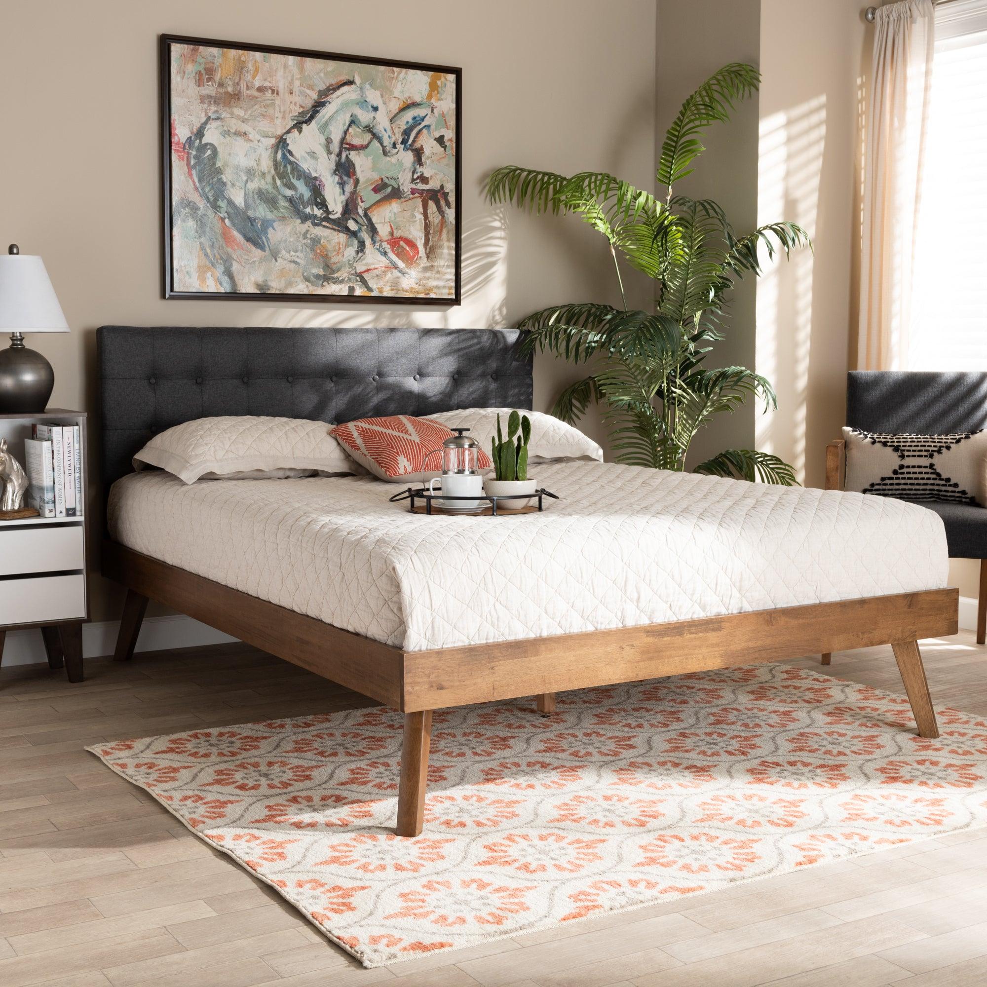 Devan Mid-Century Modern Dark Fabric Upholstered Finished Wood Platform Bed