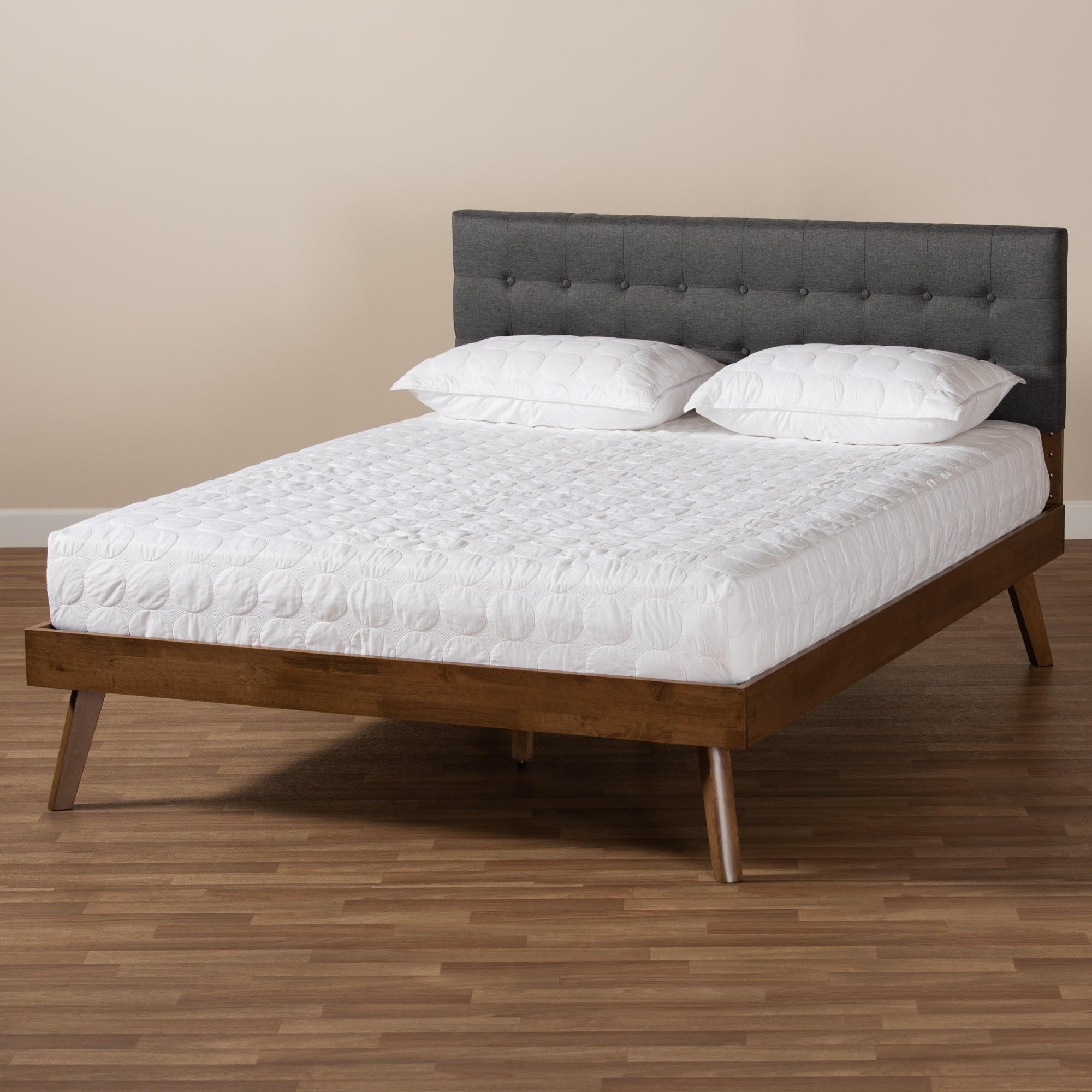 Devan Mid-Century Modern Dark Fabric Upholstered Finished Wood Platform Bed