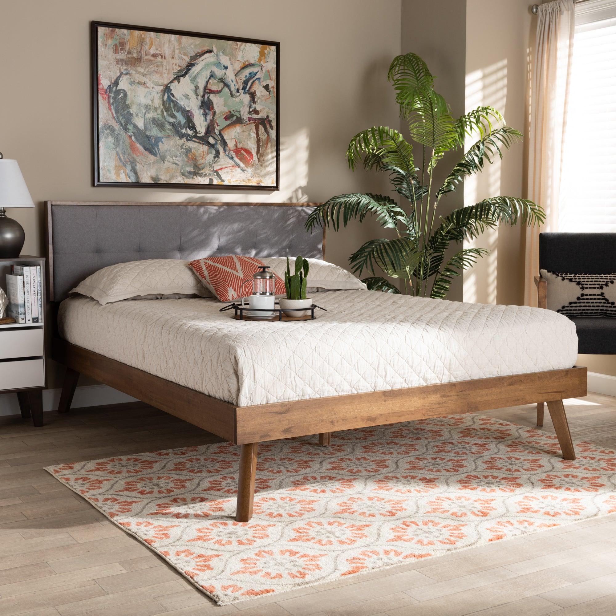 Alke Mid-Century Modern Light Fabric Upholstered Finished Wood Platform Bed