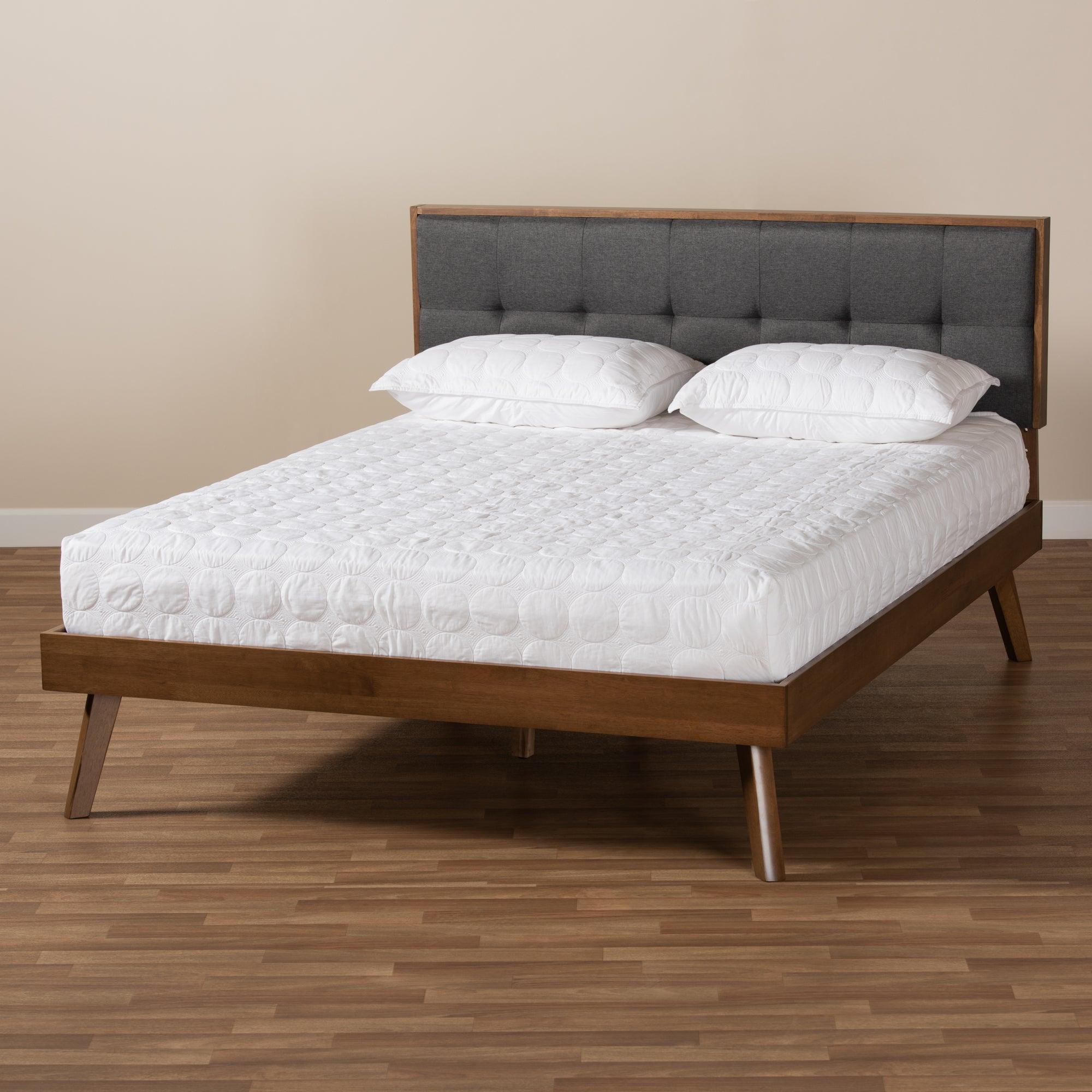 Alke Mid-Century Modern Dark Fabric Upholstered Finished Wood Platform Bed