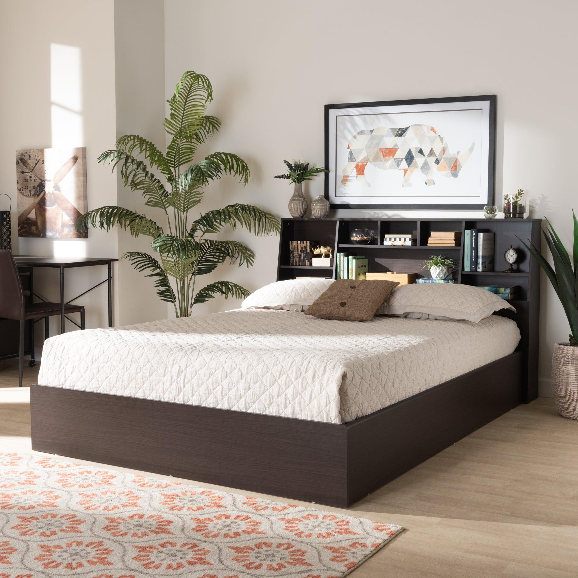 Geoffrey Modern and Contemporary Finished Wood Platform Storage Bed with Shelves