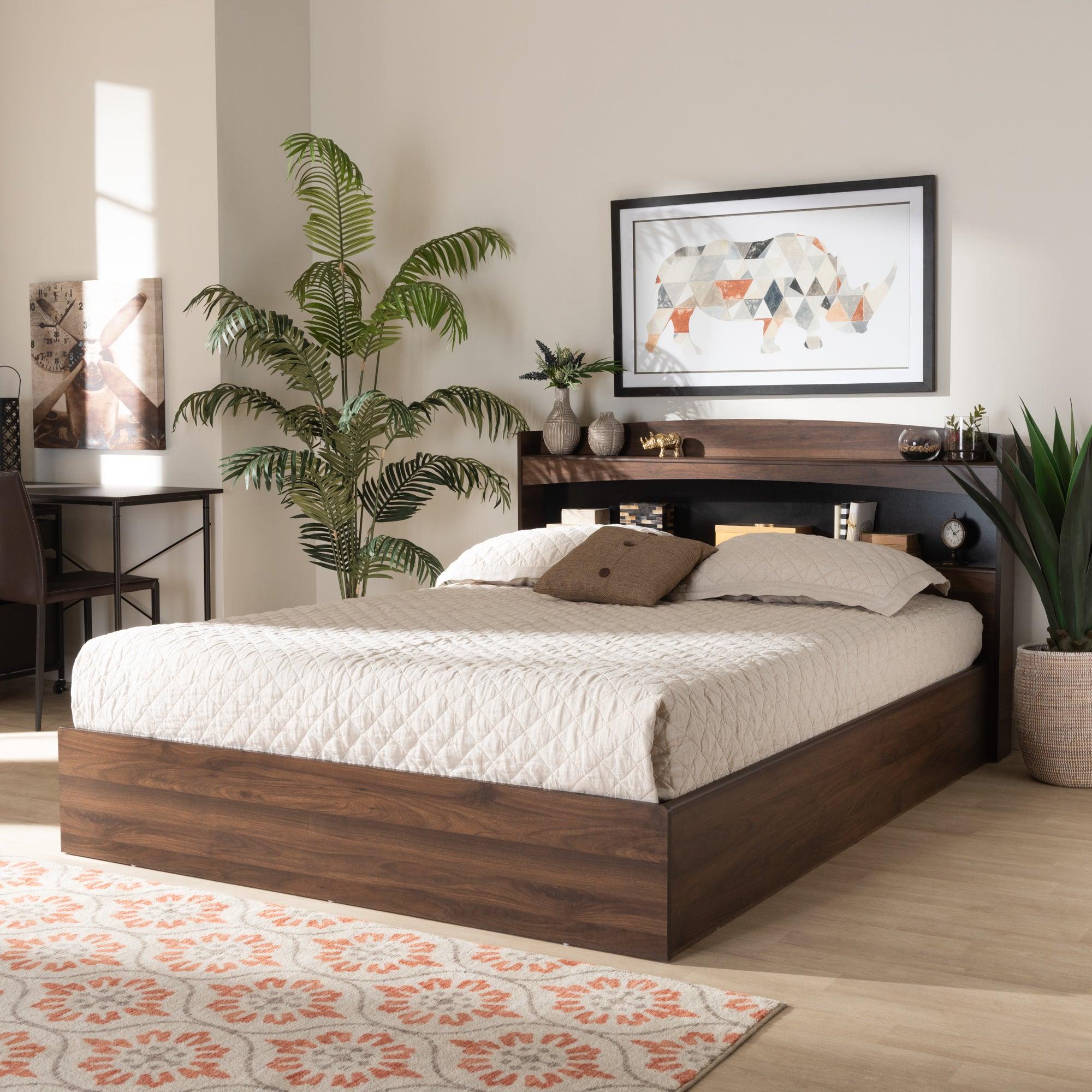 Christopher Modern and Contemporary Rustic Finished Wood Platform Bed with Shelves